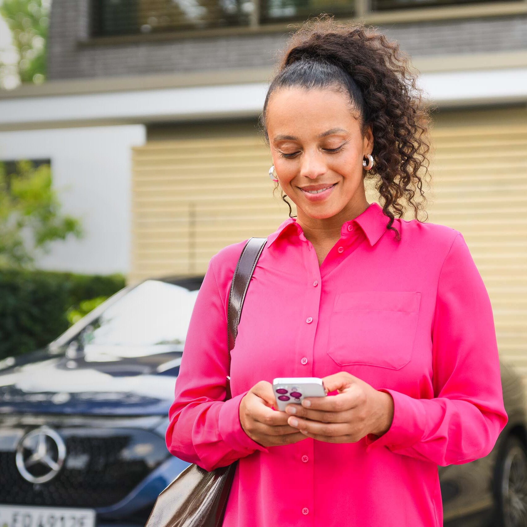 A woman looking at the phone