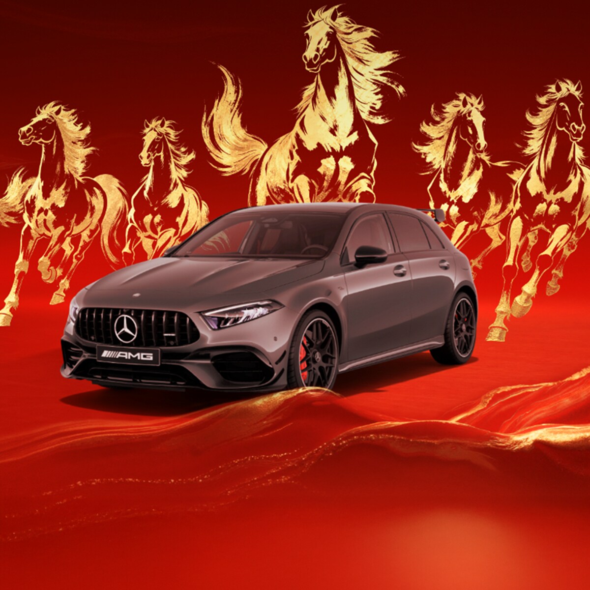 Mercedes-AMG A 45 Edition R+ against a red background with golden horse motifs