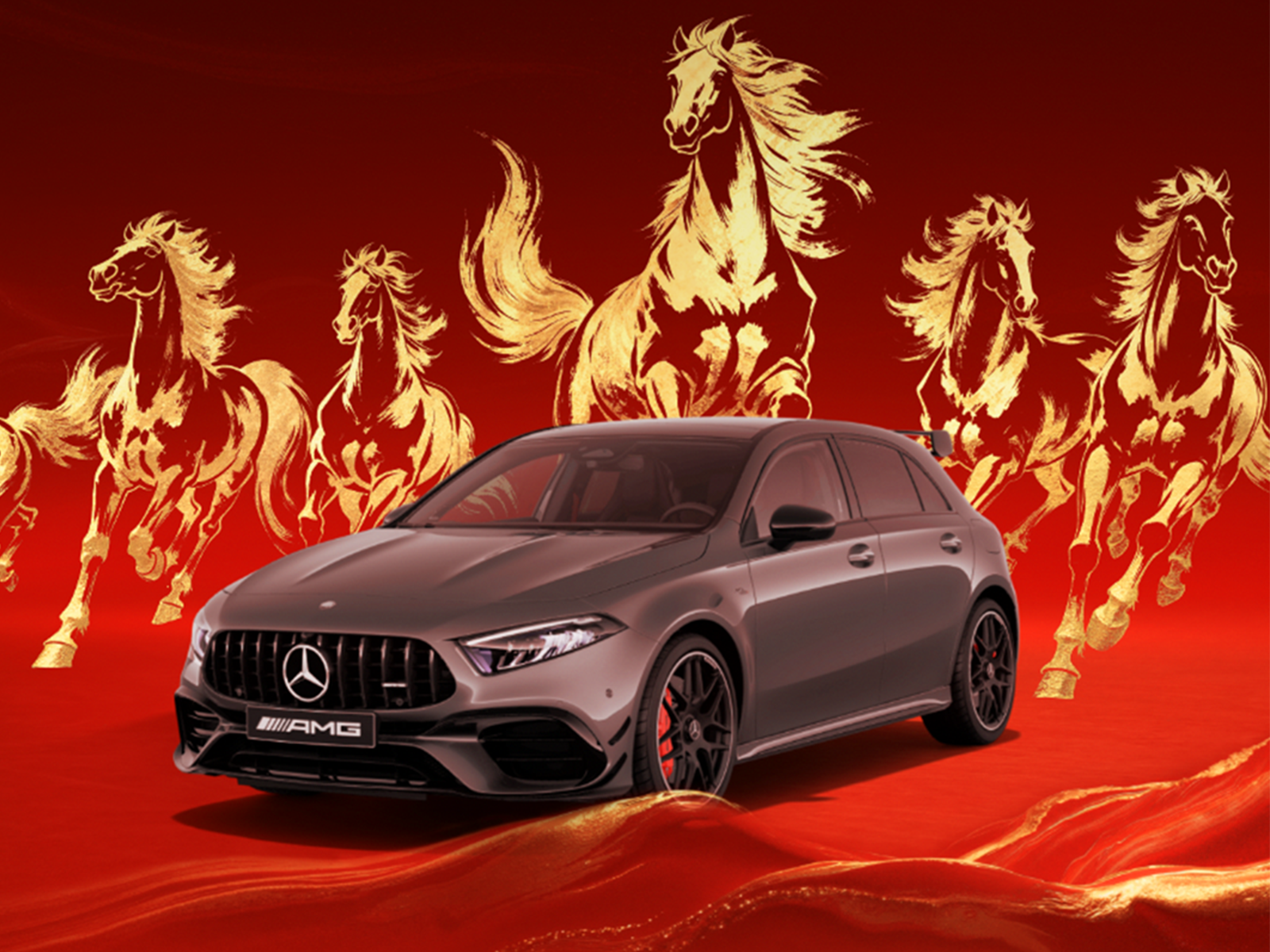 Mercedes-AMG A 45 Edition R+ Mercedes-AMG A 45 Edition R+ against a red background with golden horse motifs