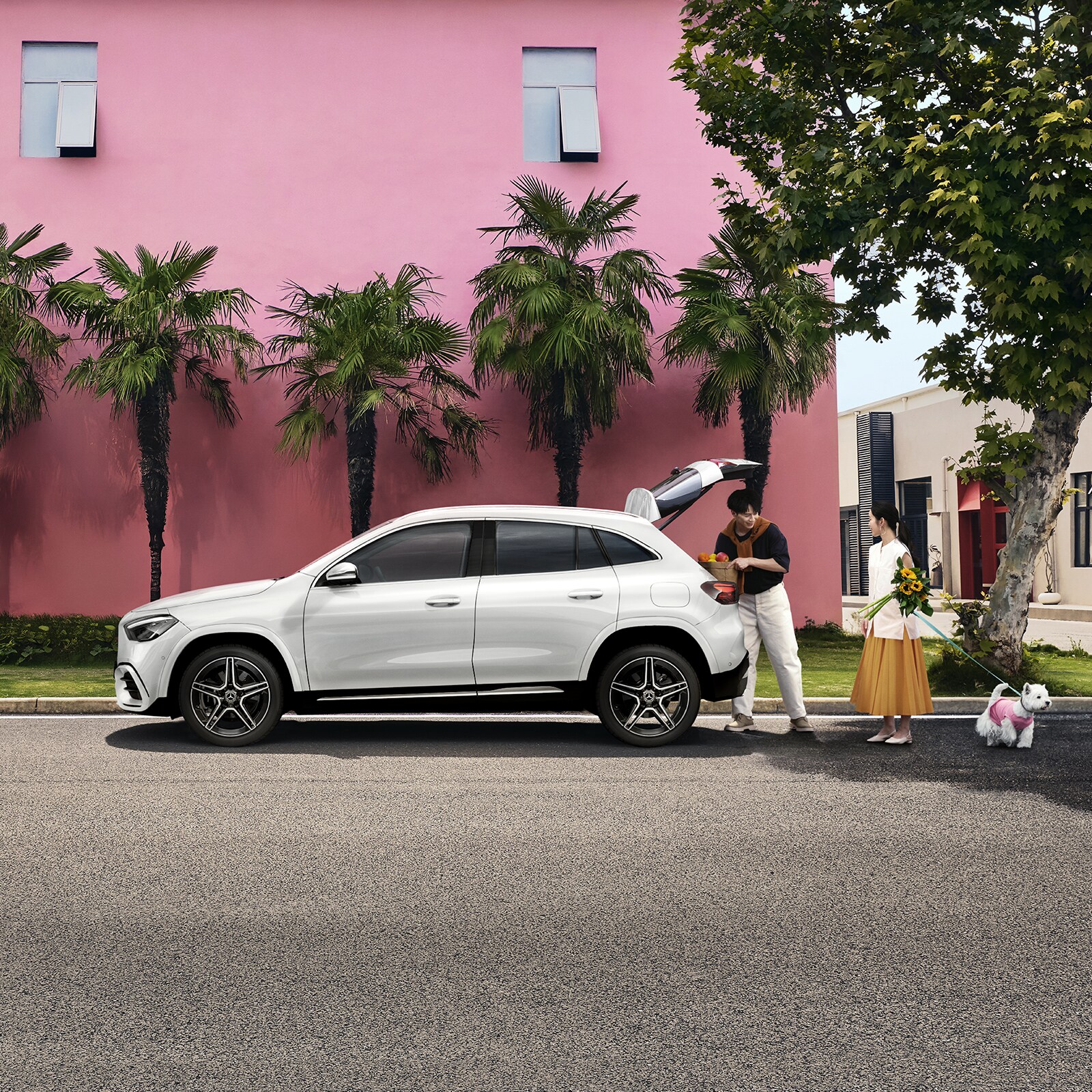 Couple loading groceries into a white GLA