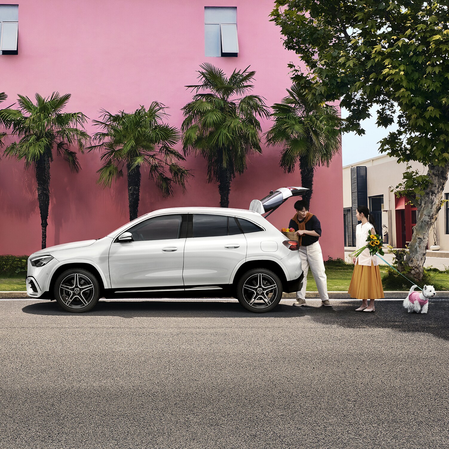 Couple loading groceries into a white GLA