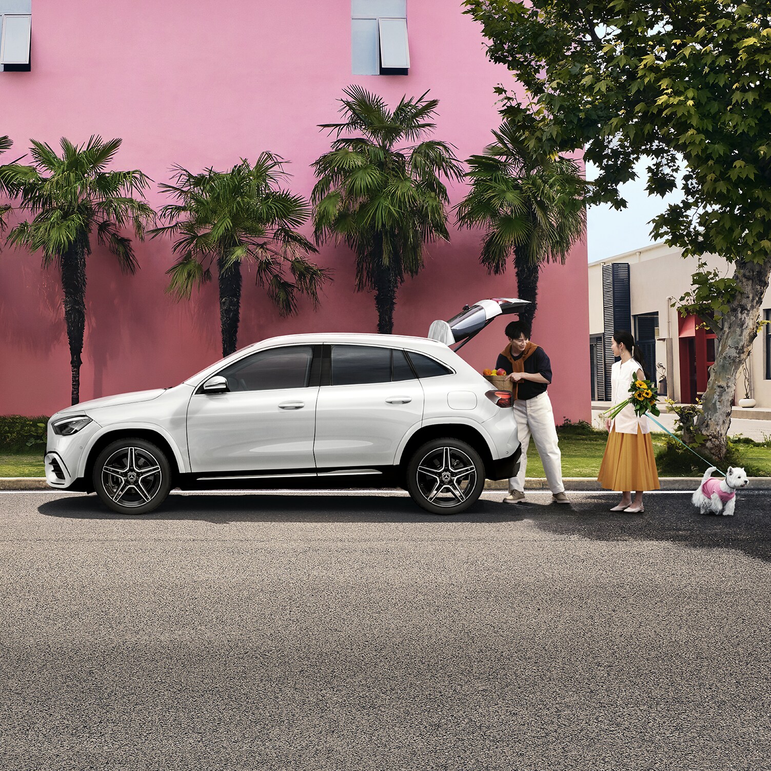 Couple loading groceries into a white GLA
