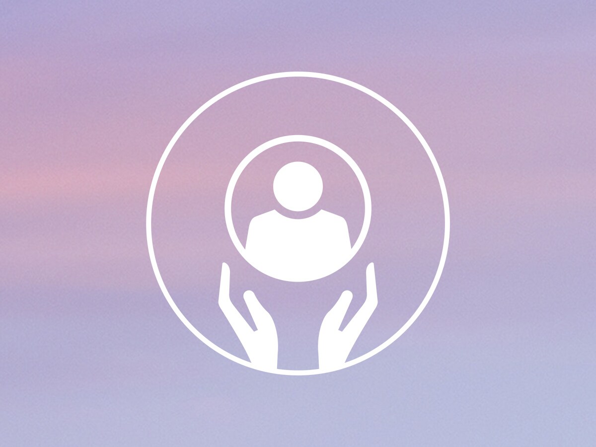 Icon with two hands supporting a human silhouette against a purple and pink background