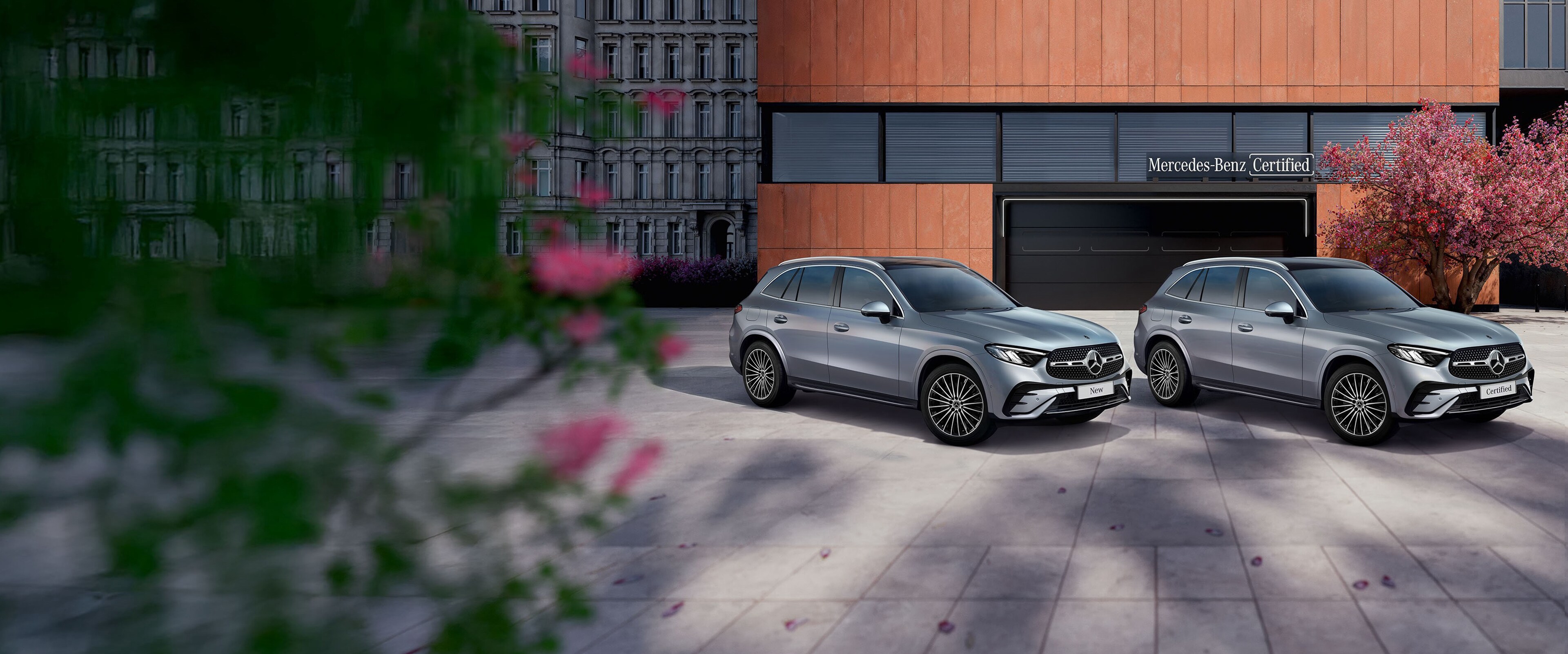 GLC and EQB SUVs parked at the Certified Pre-Owned garage