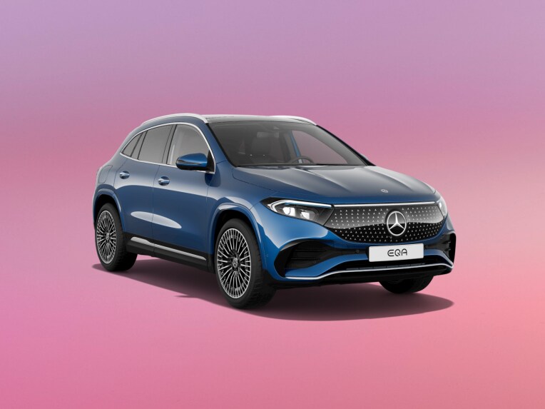 Blue EQA SUV on a pink background.