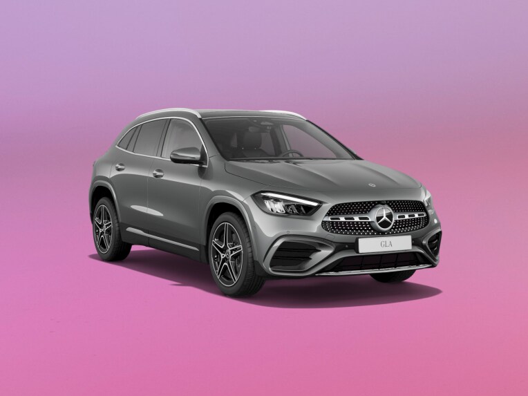 Grey GLA SUV on a pink background.