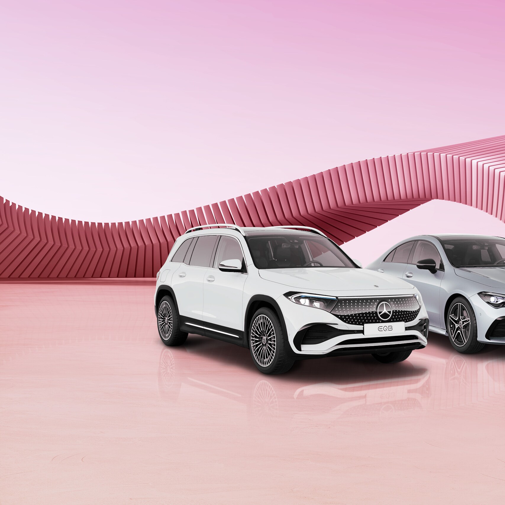 Grey GLA SUV on a pink background.