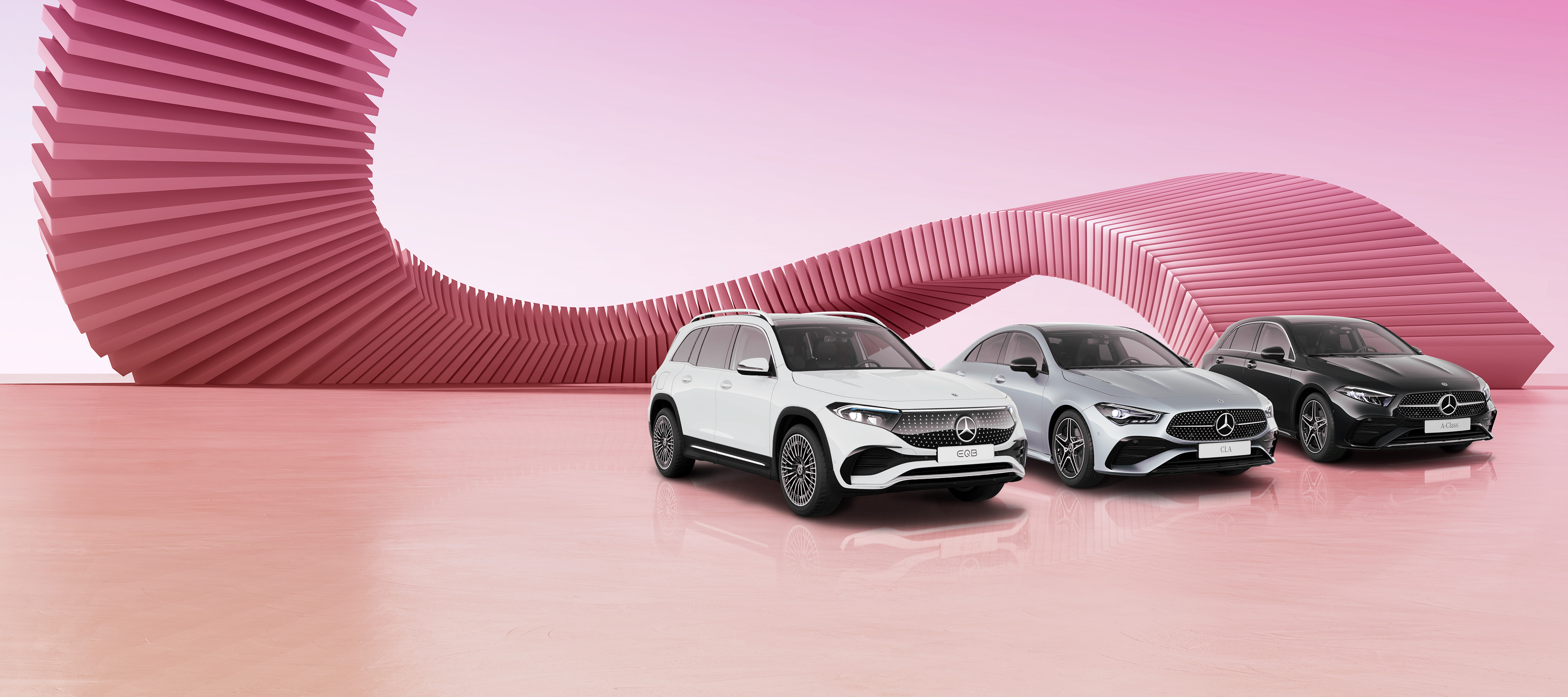 Grey GLA SUV on a pink background. Grey GLA SUV on a pink background.
