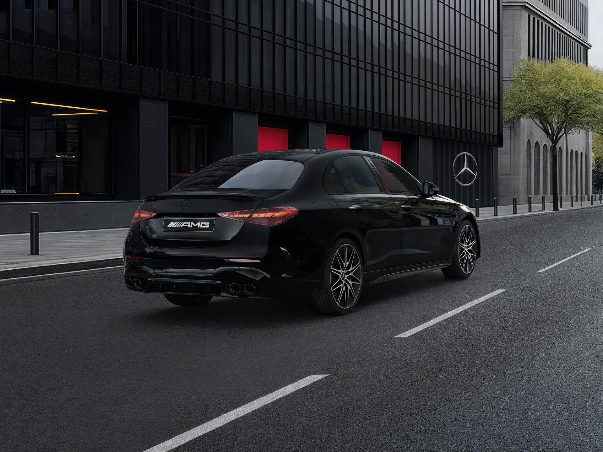 Rear review of the Mercedes-AMG C43 Edition R+. Rear review of the Mercedes-AMG C43 Edition R+.