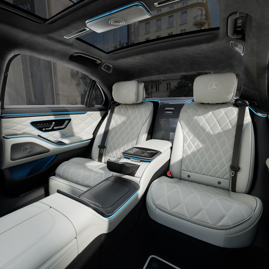 The cockpit of the new Mercedes-Benz Saloon shown from between the two front seats.