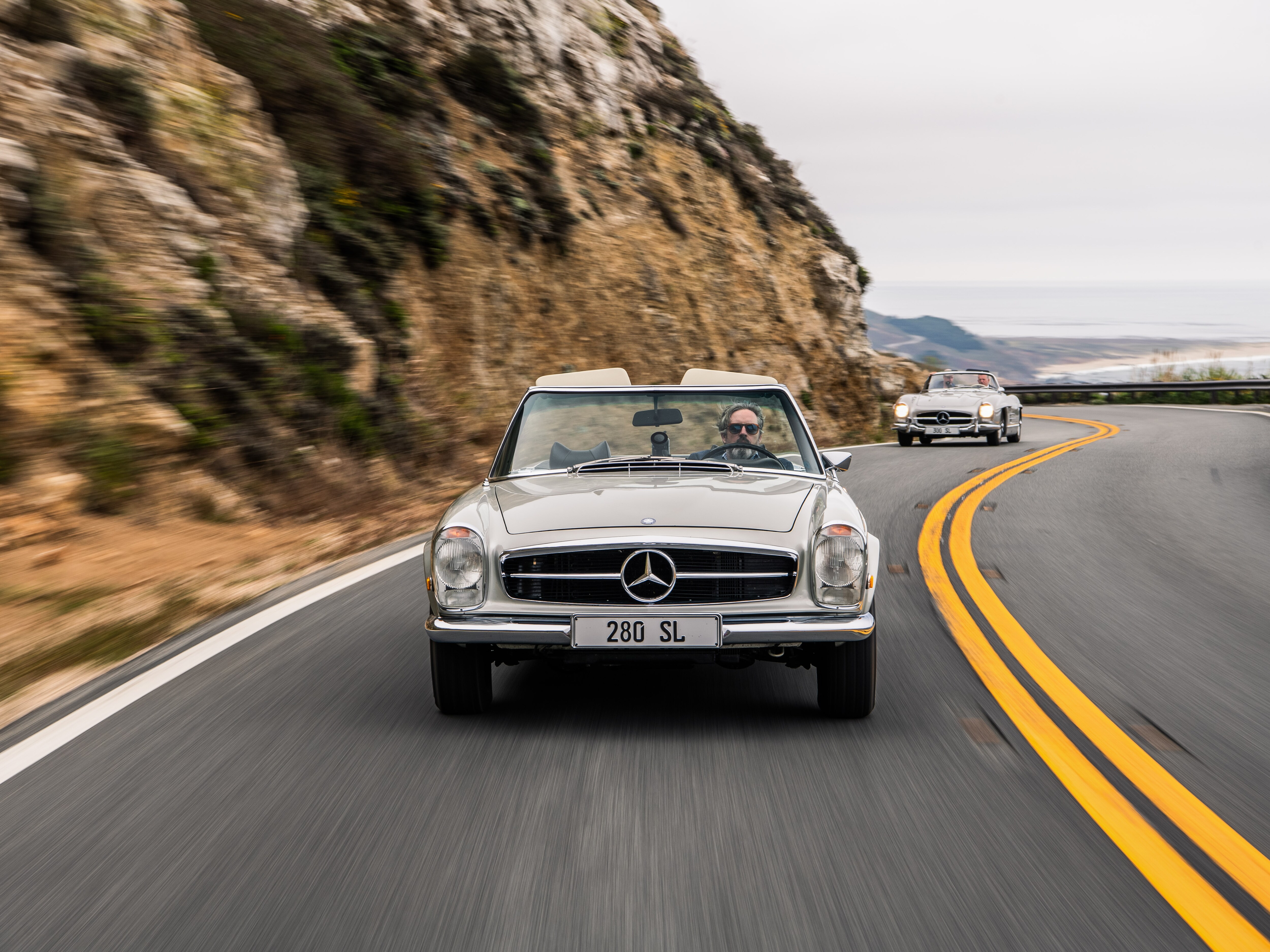 The Mercedes-Benz 230 SL Pagoda on the Pacific Coast Highway, California.