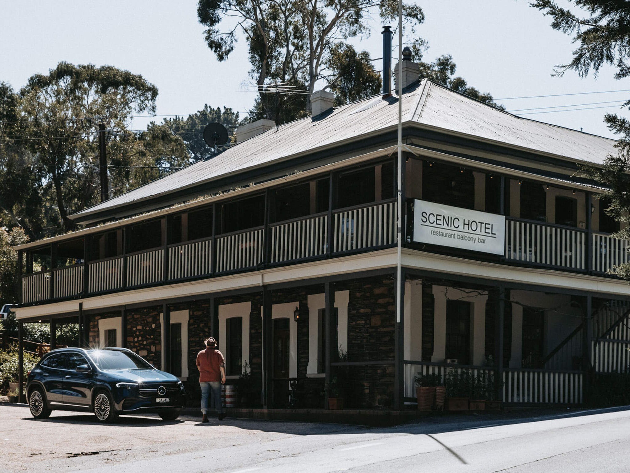 The all-electric EQA parked outside The Scenic Hotel in the Adelaide Hills
