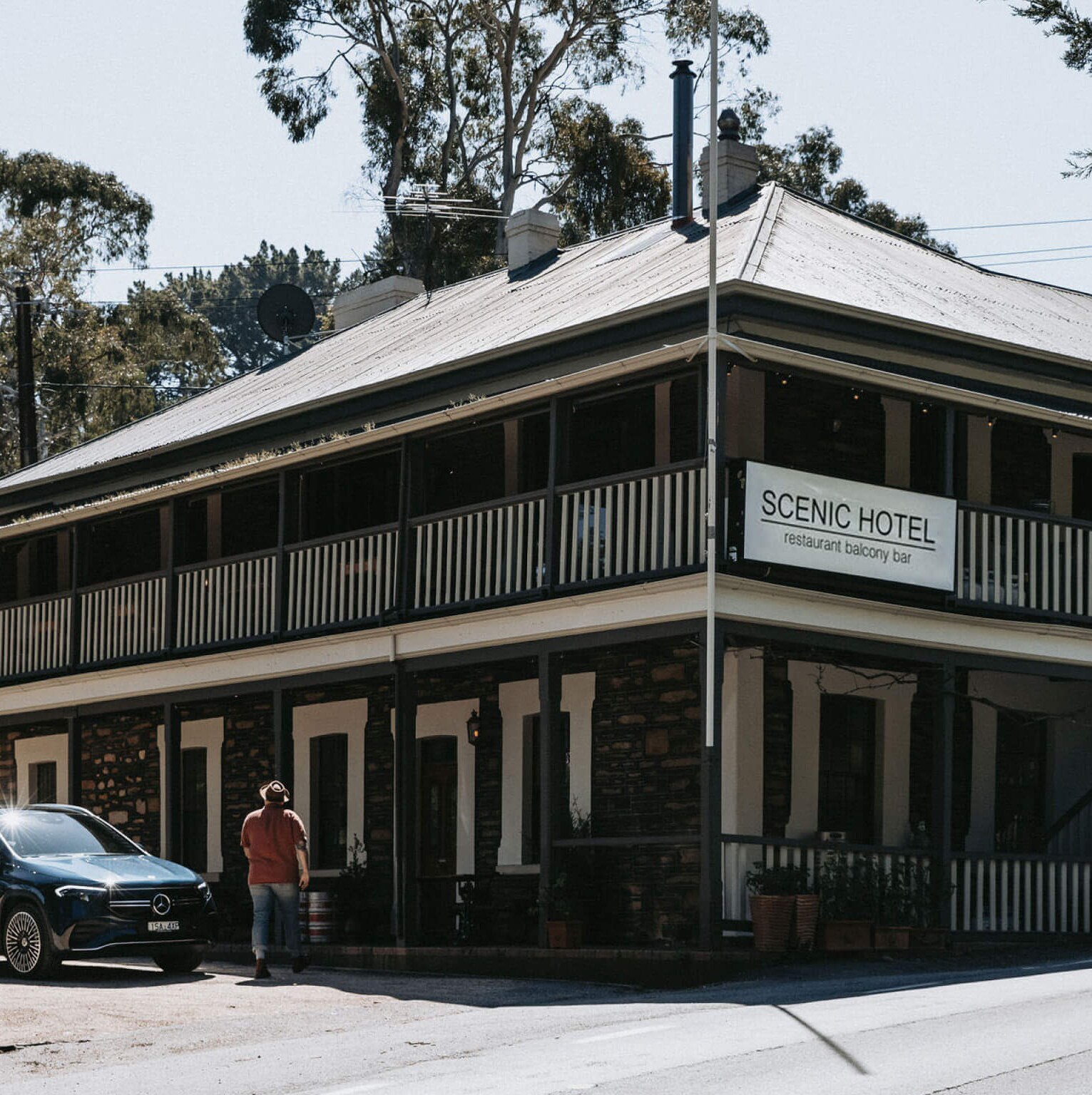 The all-electric EQA parked outside The Scenic Hotel in the Adelaide Hills.