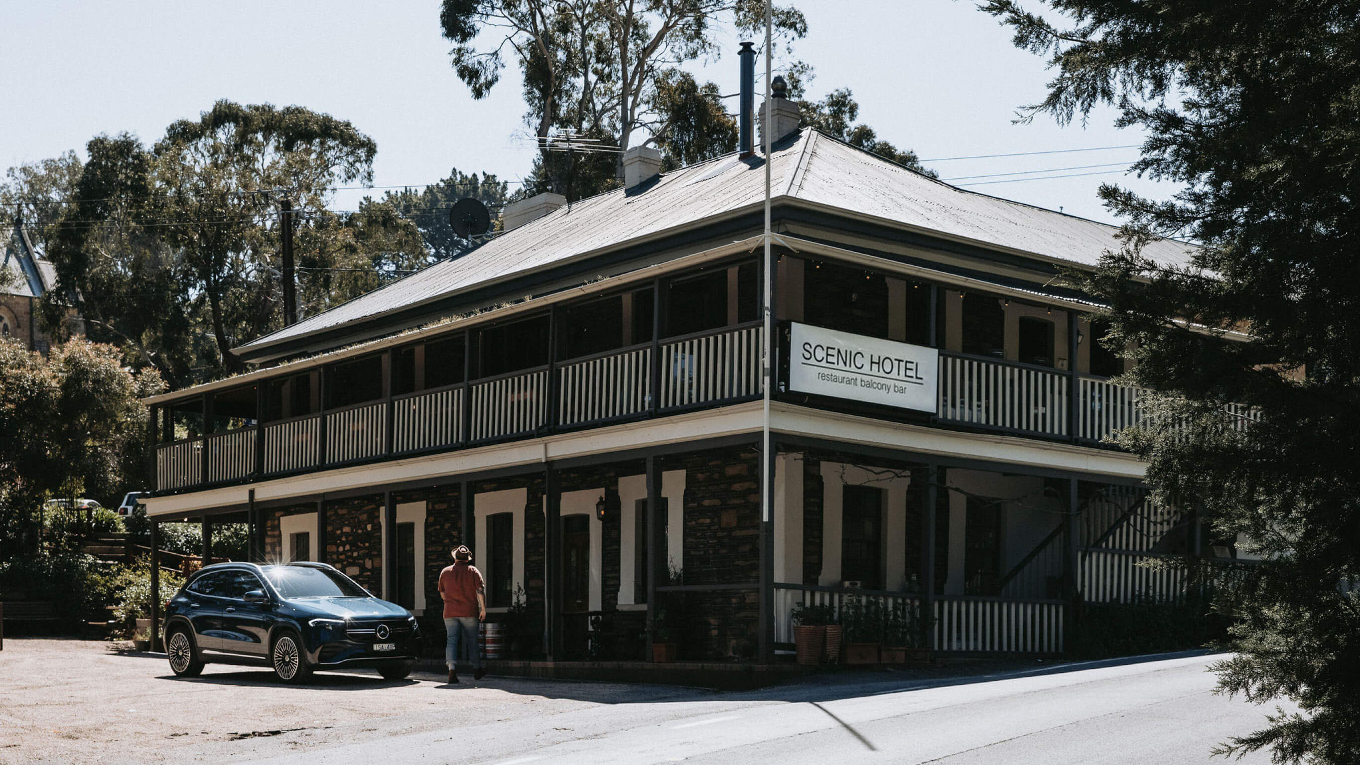 The Scenic Hotel The all-electric EQA parked outside The Scenic Hotel in the Adelaide Hills.