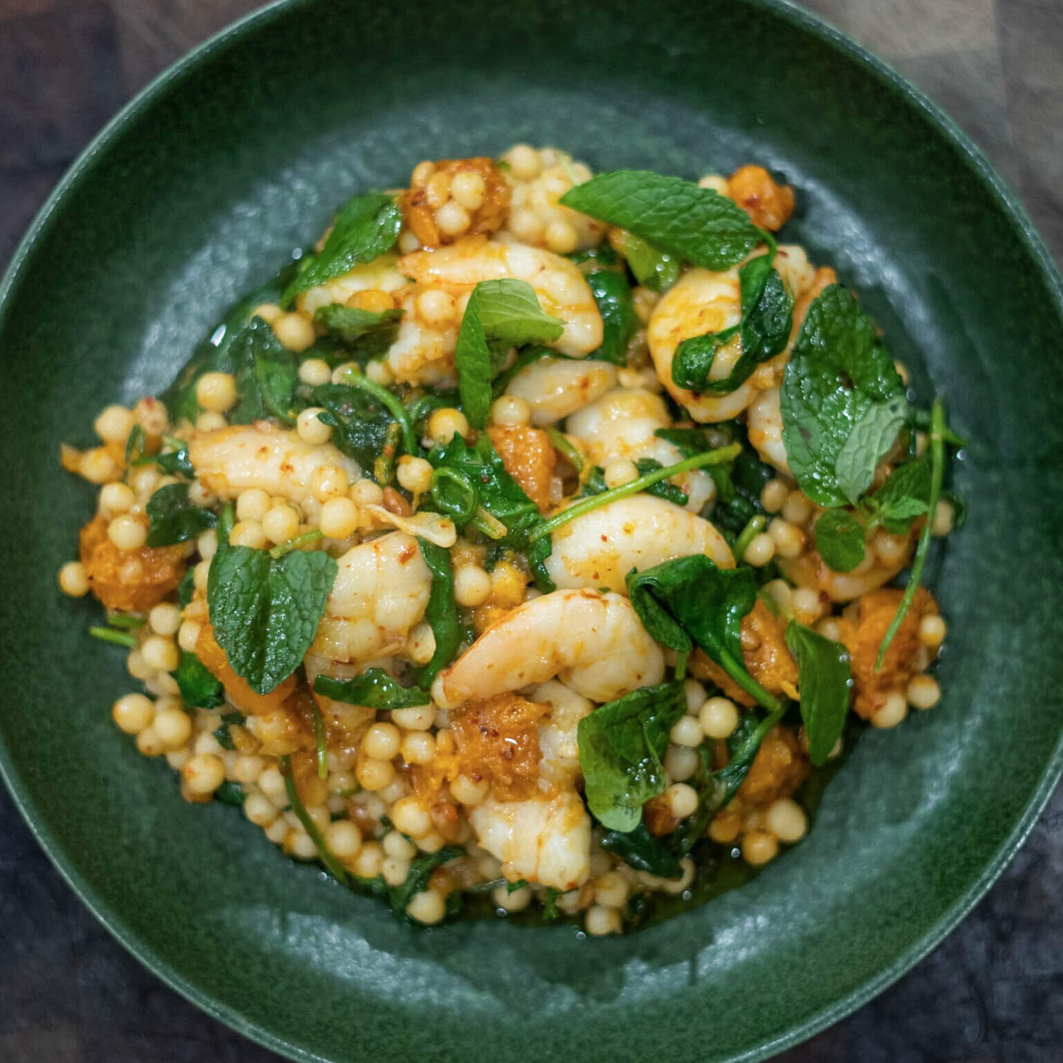 Prawns & cous cous ready to be served.