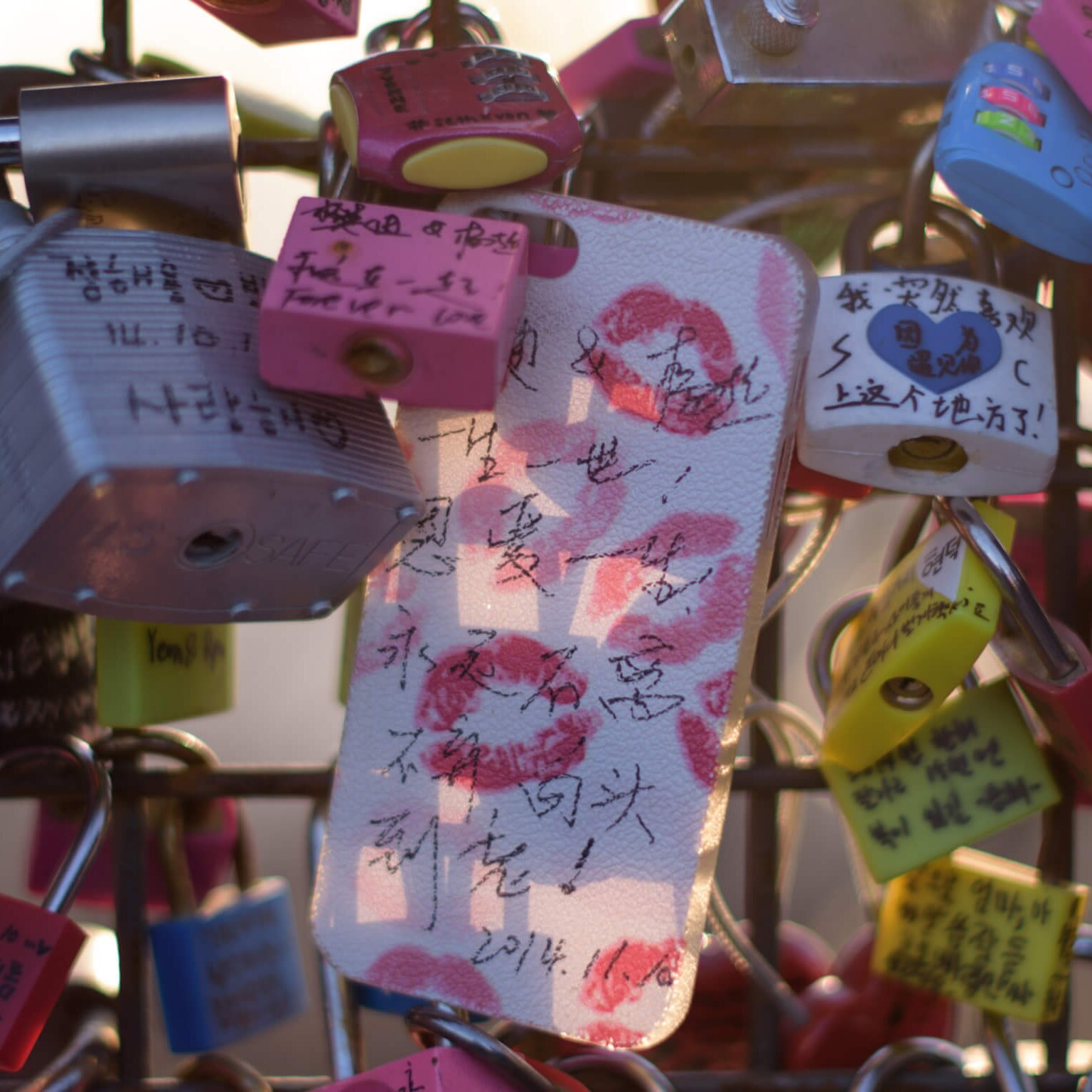 Romantic messages are displayed on padlocks in Seoul, South Korea.