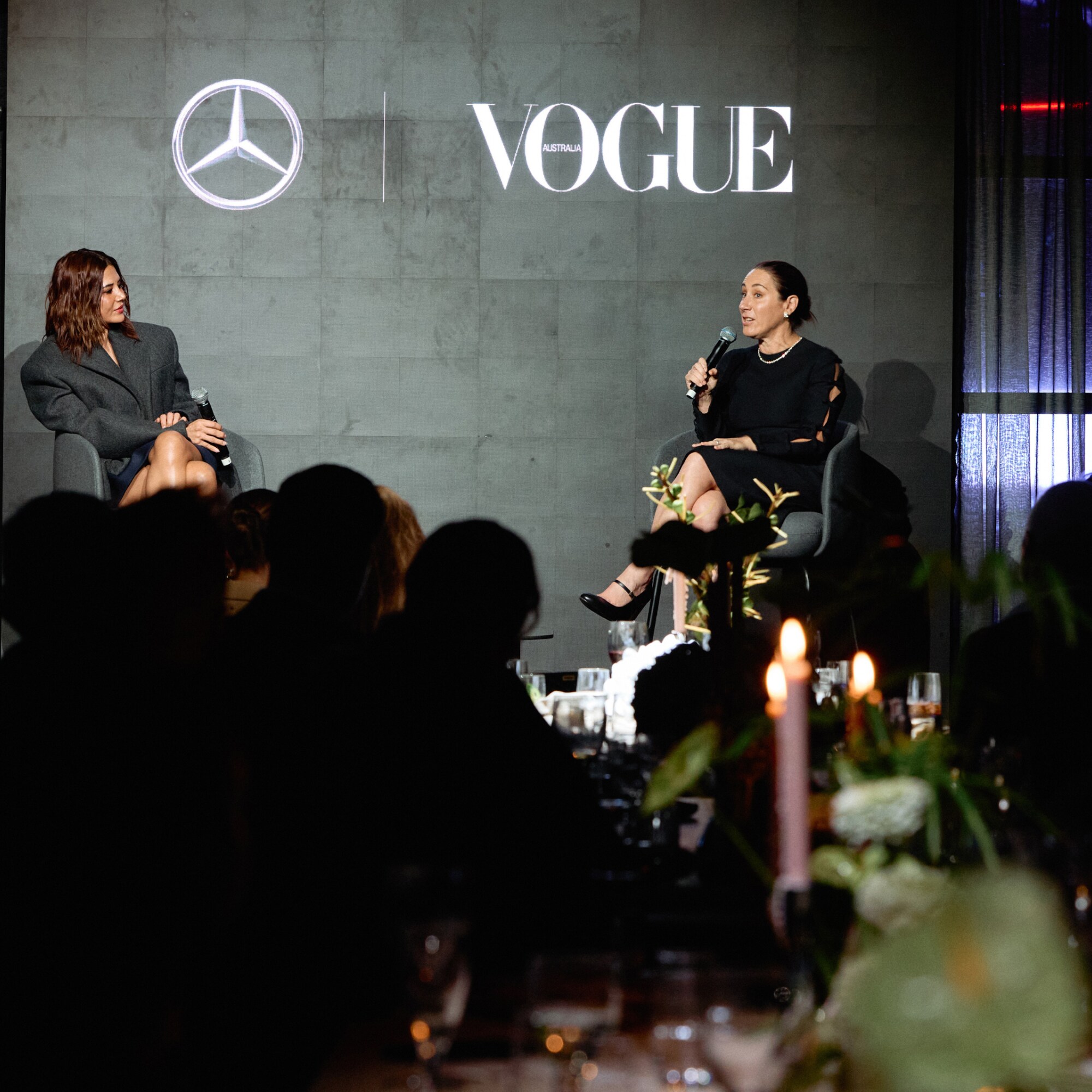 Christine Centenera and Edwina McCann speaking on-stage at the Mercedes-AMG Lounge. Image credit/photographer: Dan Castano