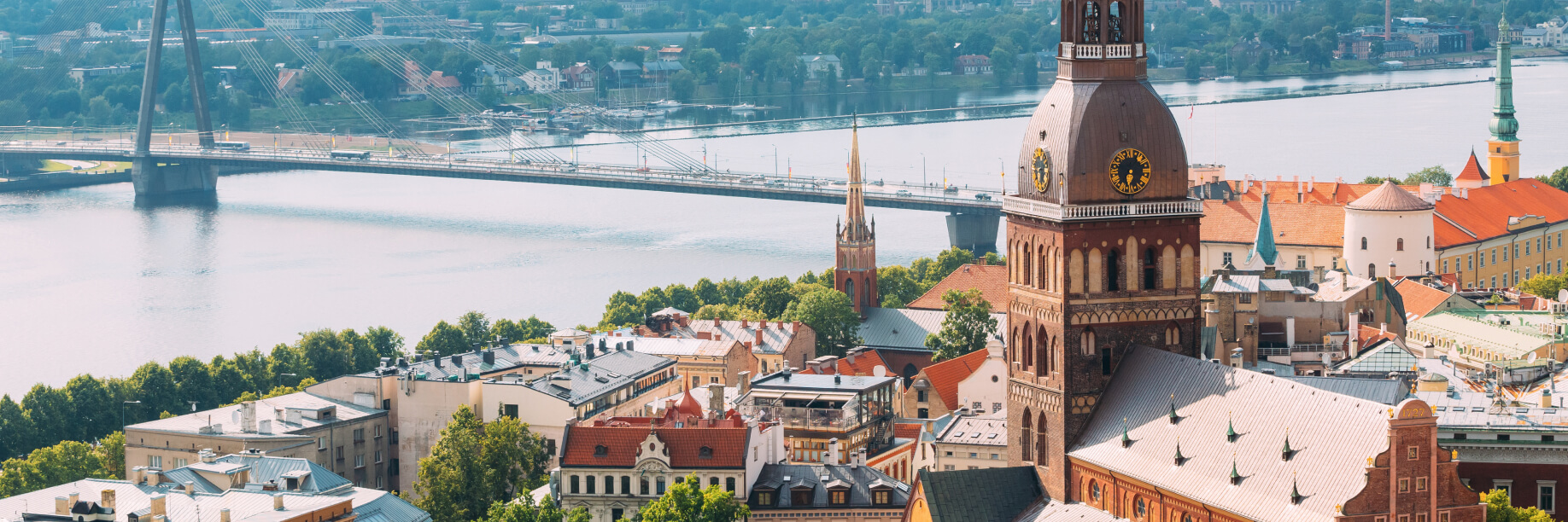 Riga. iStock The Riga cityscape beside a river and a long bridge