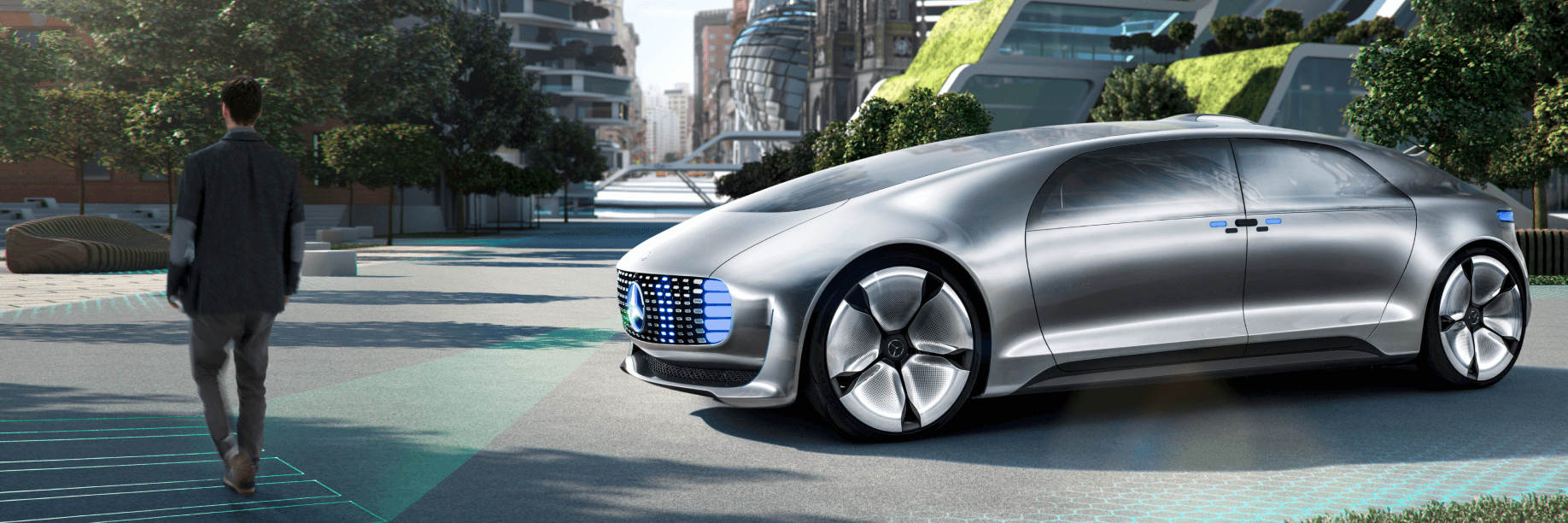 Mercedes-Benz F 015 concept car The Mercedes-Benz F 015 concept car projecting a pedestrian crossing on the road as a person walks in front of the car