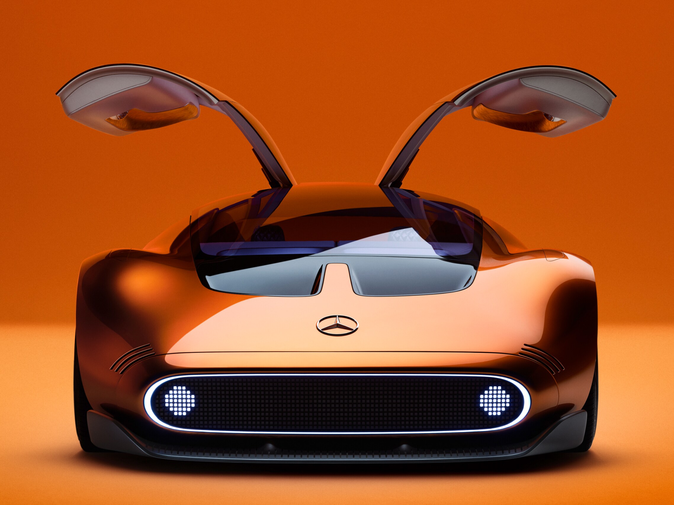 The Mercedes-Benz Vision One-Eleven concept car with its signature gullwing doors open.