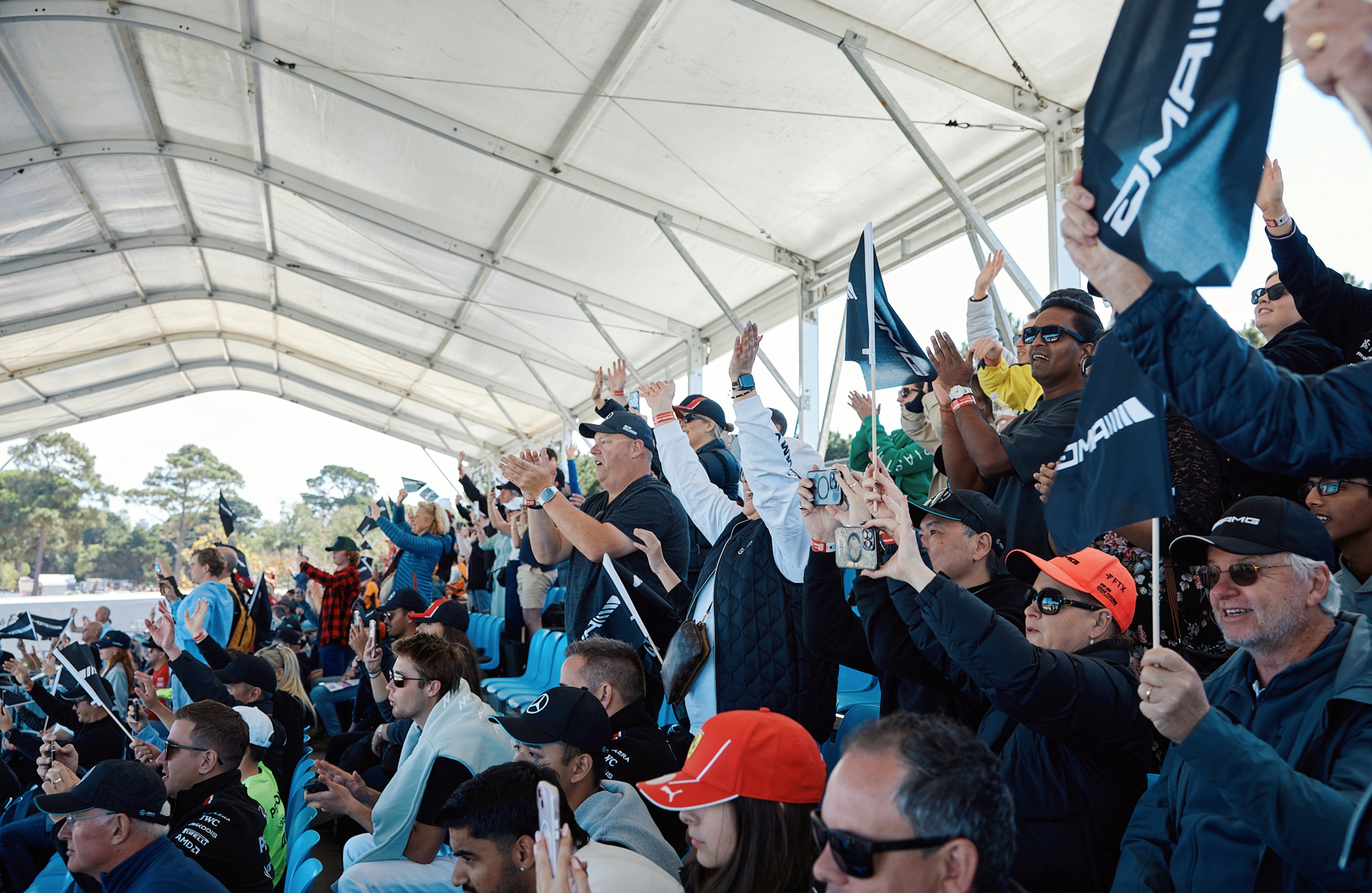 Mercedes-AMG Grandstand The crowd at the Mercedes-AMG Grandstand at the 2024 F1 Australian Grand Prix