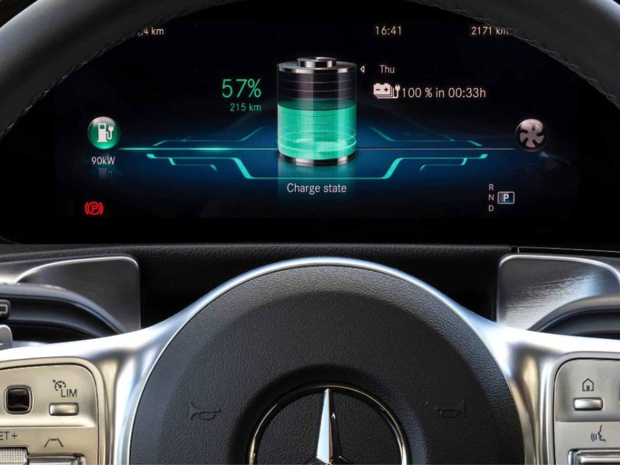 The dashboard display of an electric vehicle’s battery life. Overseas model shown.