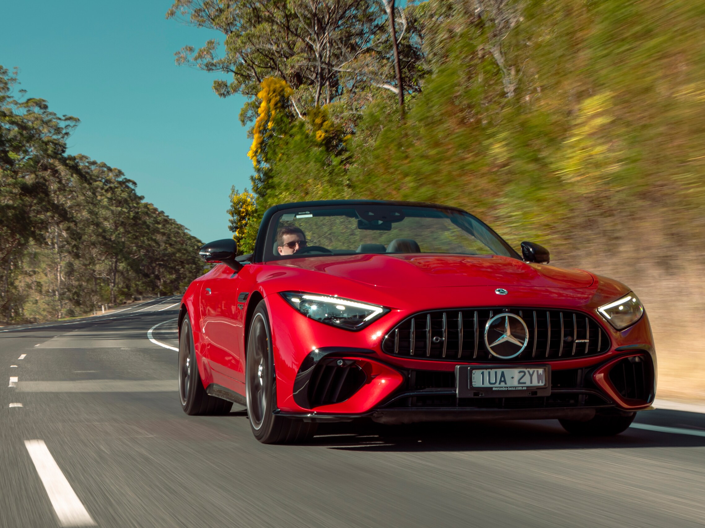 The Mercedes-AMG SL 63 4MATIC+ Roadster driving on the road. Image credit/photographer: Alastair Brook