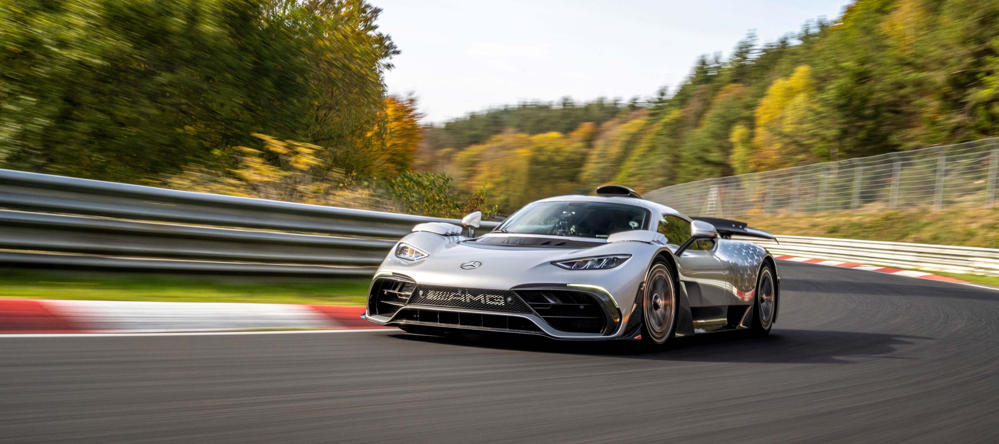 The F1-inspired Mercedes-AMG ONE F1-inspired Mercedes-AMG ONE hypercar racing around the track. Overseas model shown. Image credit/photographer: Mercedes Benz Group AG.
