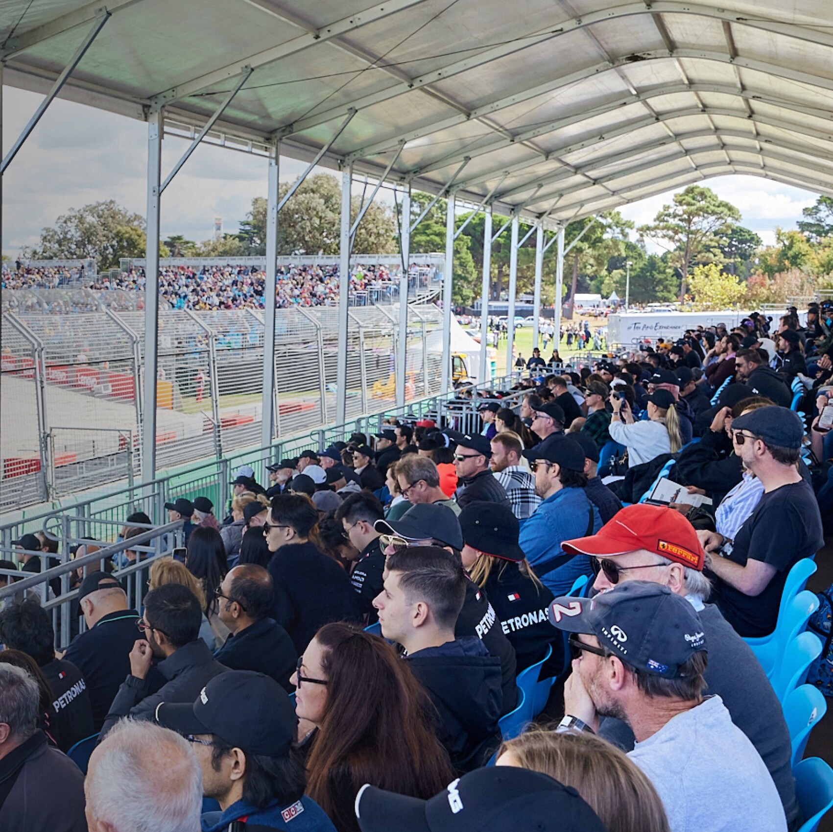 The all-new, 800-seat Mercedes-AMG Grandstand at the 2023 Australian Grand Prix.