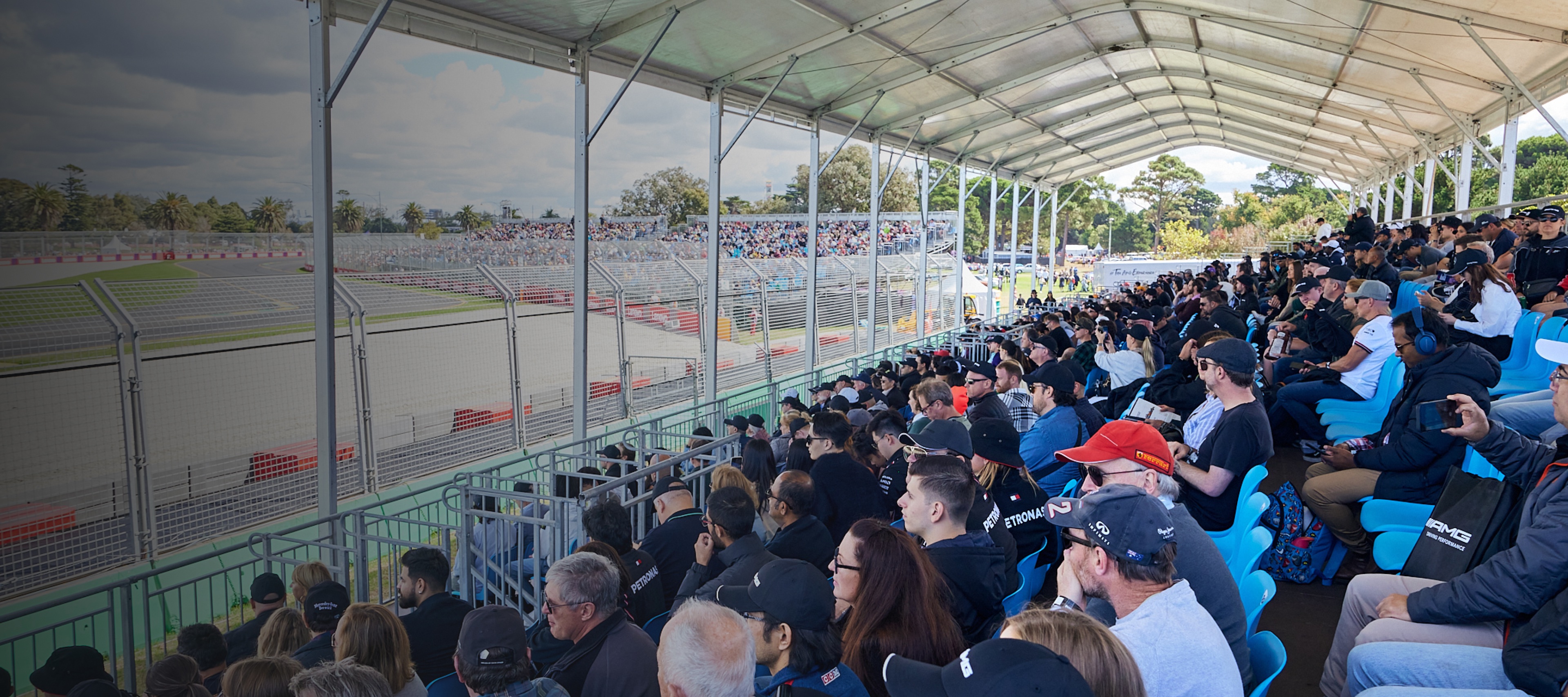 Mercedes-AMG Grandstand The all-new, 800-seat Mercedes-AMG Grandstand at the 2023 Australian Grand Prix.