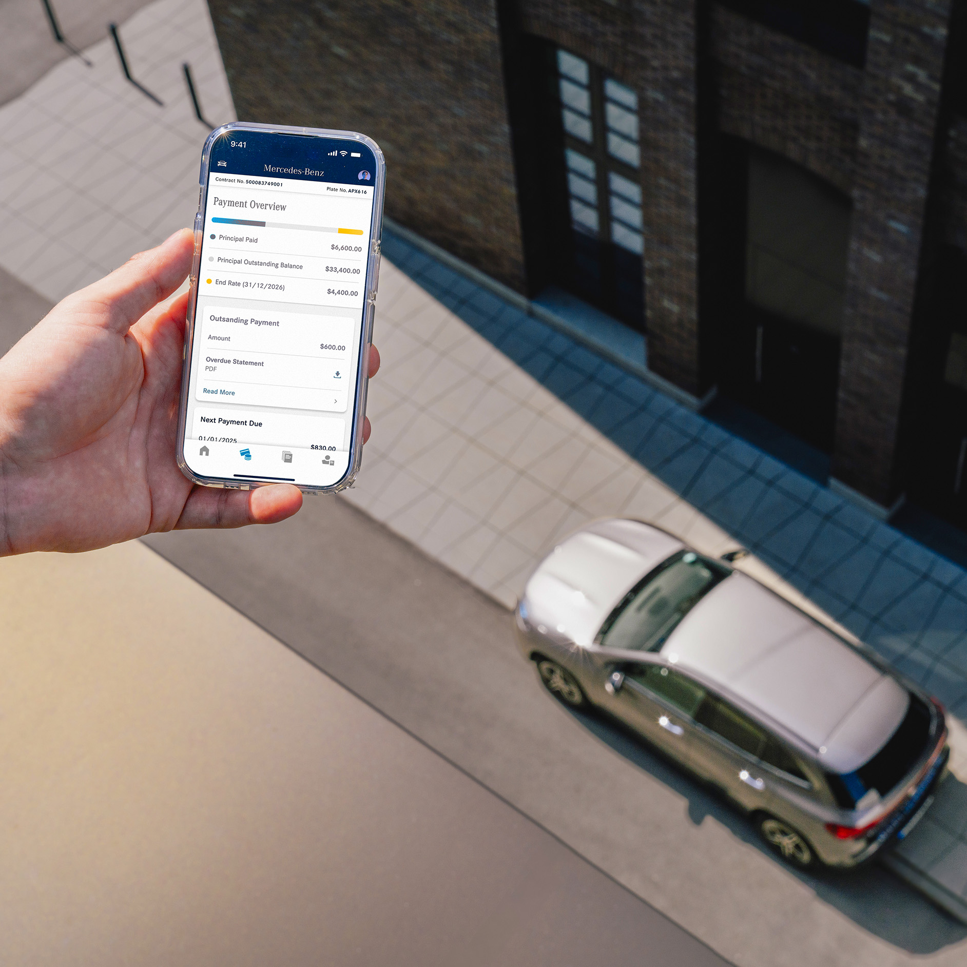 Finance hub Mobile screen on the Mercedes-Benz Finance App