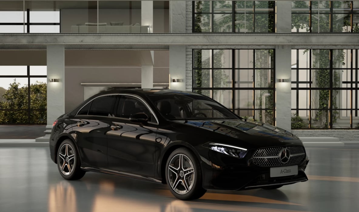 Frontal side view of a Mercedes-Benz A-Class Saloon.