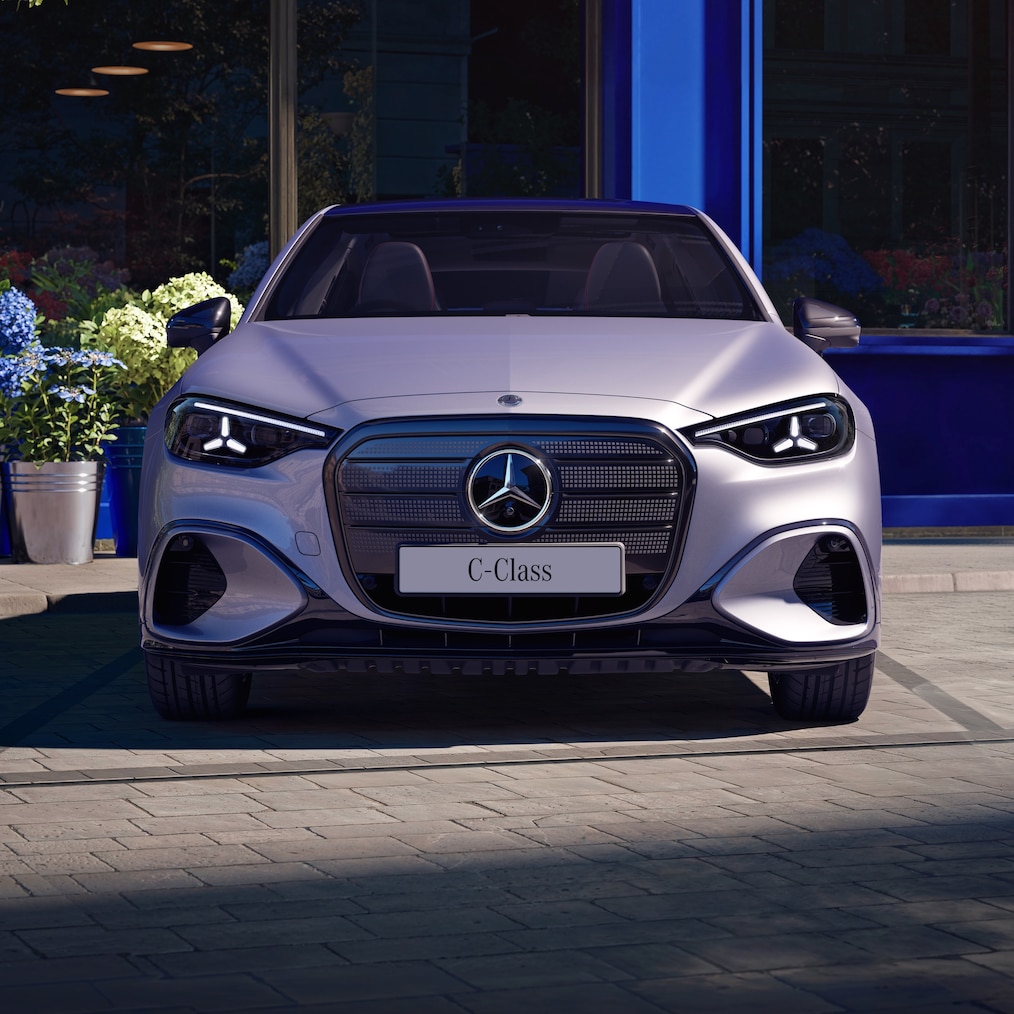 The illuminated front design of the all-new electric C-Class from Mercedes-Benz.
