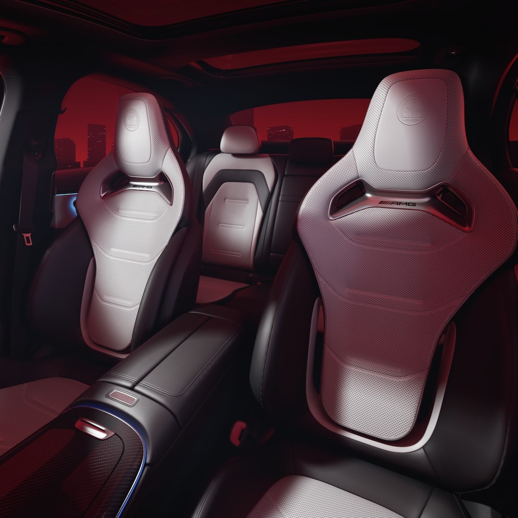 View of the AMG Performance seats, perspective from the open driver's door.