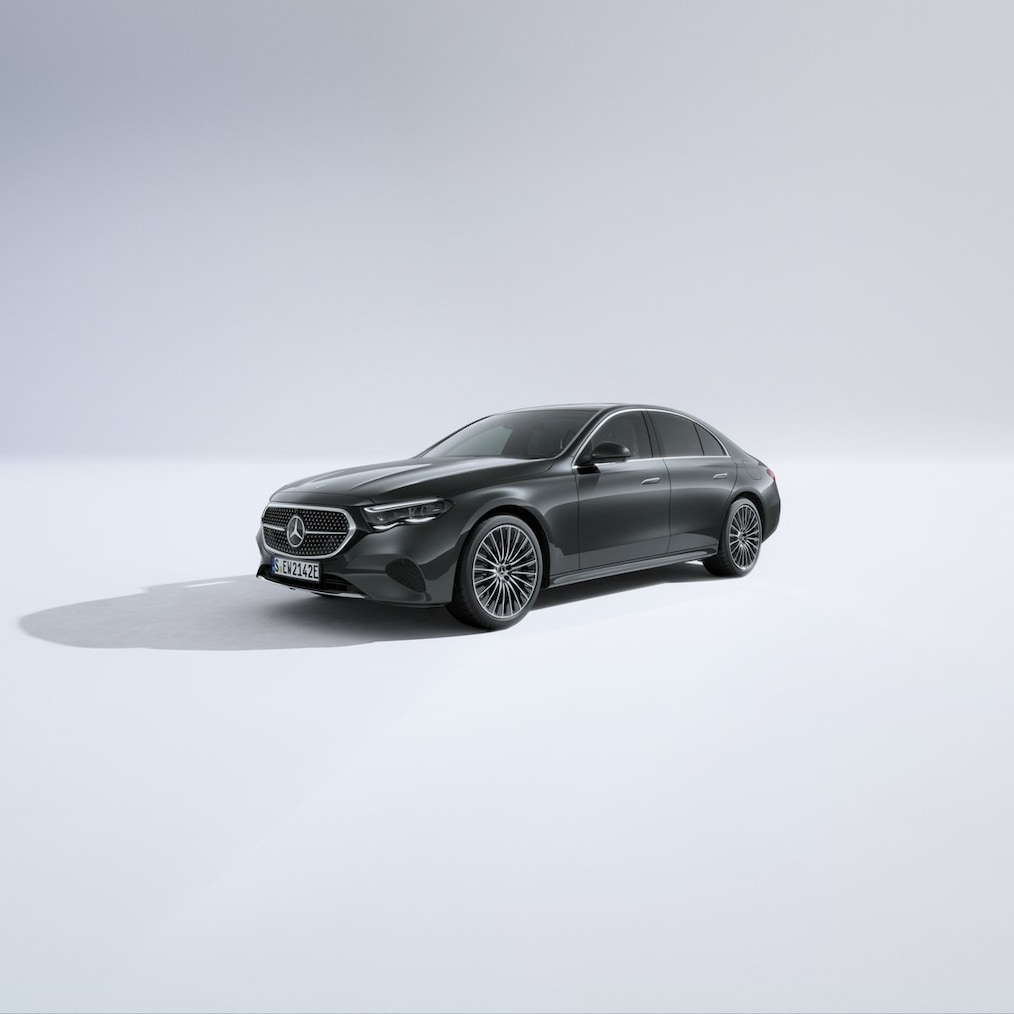 The E-Class Saloon: a side rear view of the luxury car from Mercedes-Benz.