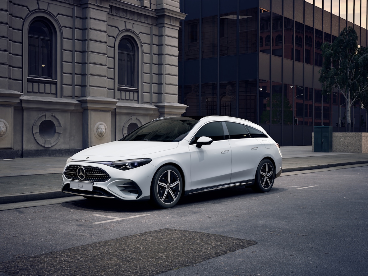 Rear side view of the Mercedes-Benz CLA Shooting Brake X178 with AMG Line Plus.