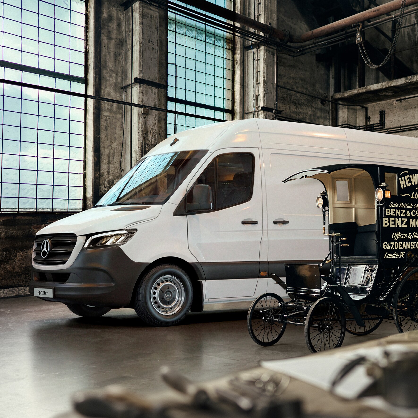 Image showing three Mercedes-Benz commercial vehicles, showcasing design evolution