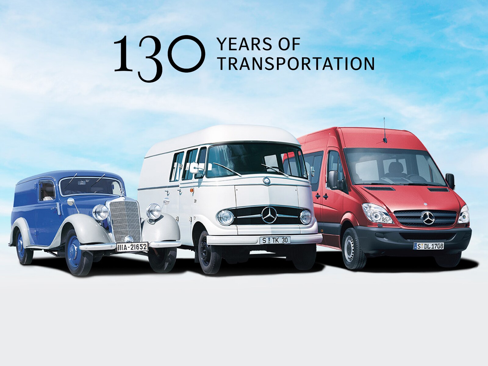 Image showing three Mercedes-Benz commercial vehicles, showcasing design evolution