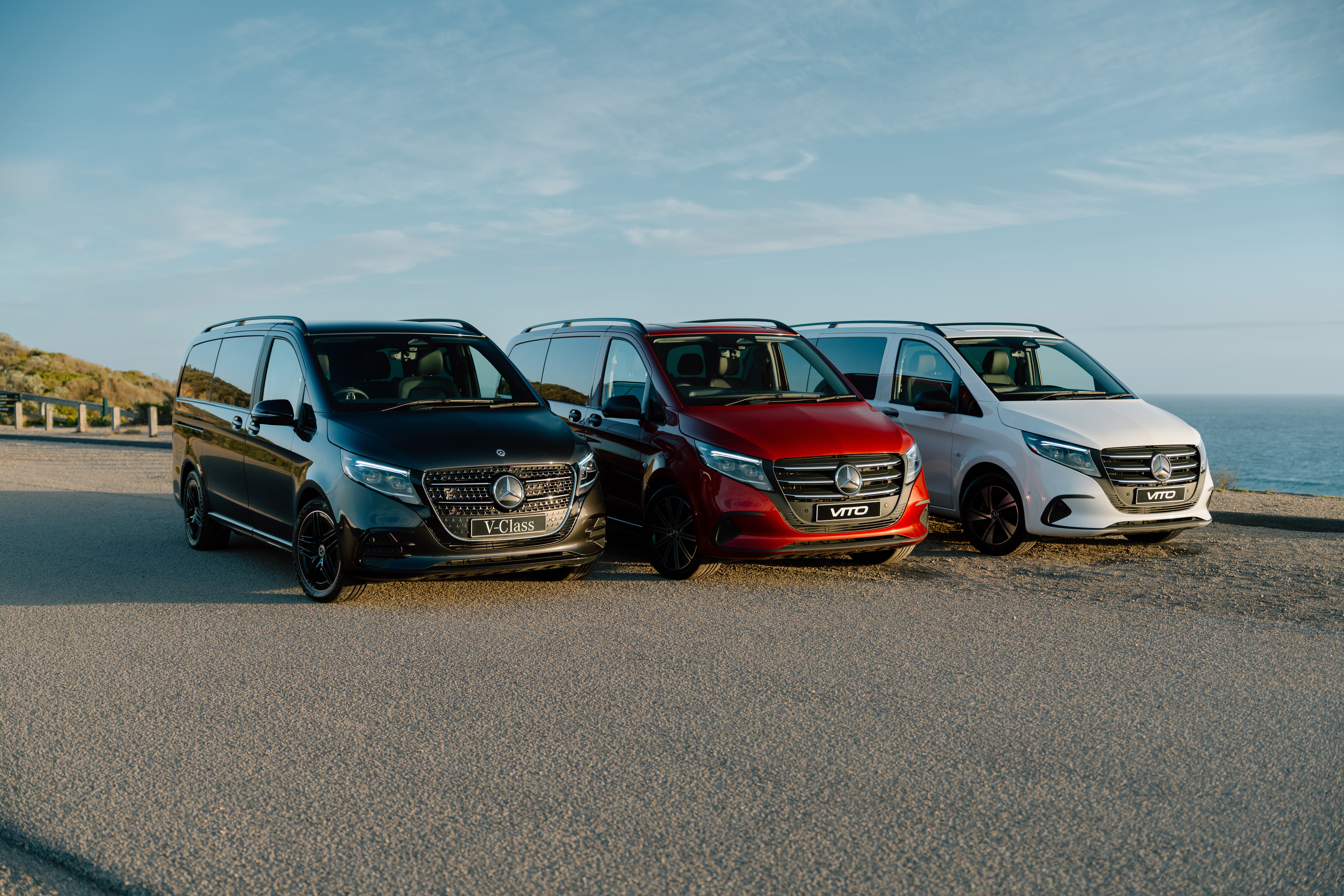 A range of Mercedes-Benz vans A group of Mercedes-Benz vans parked in a row