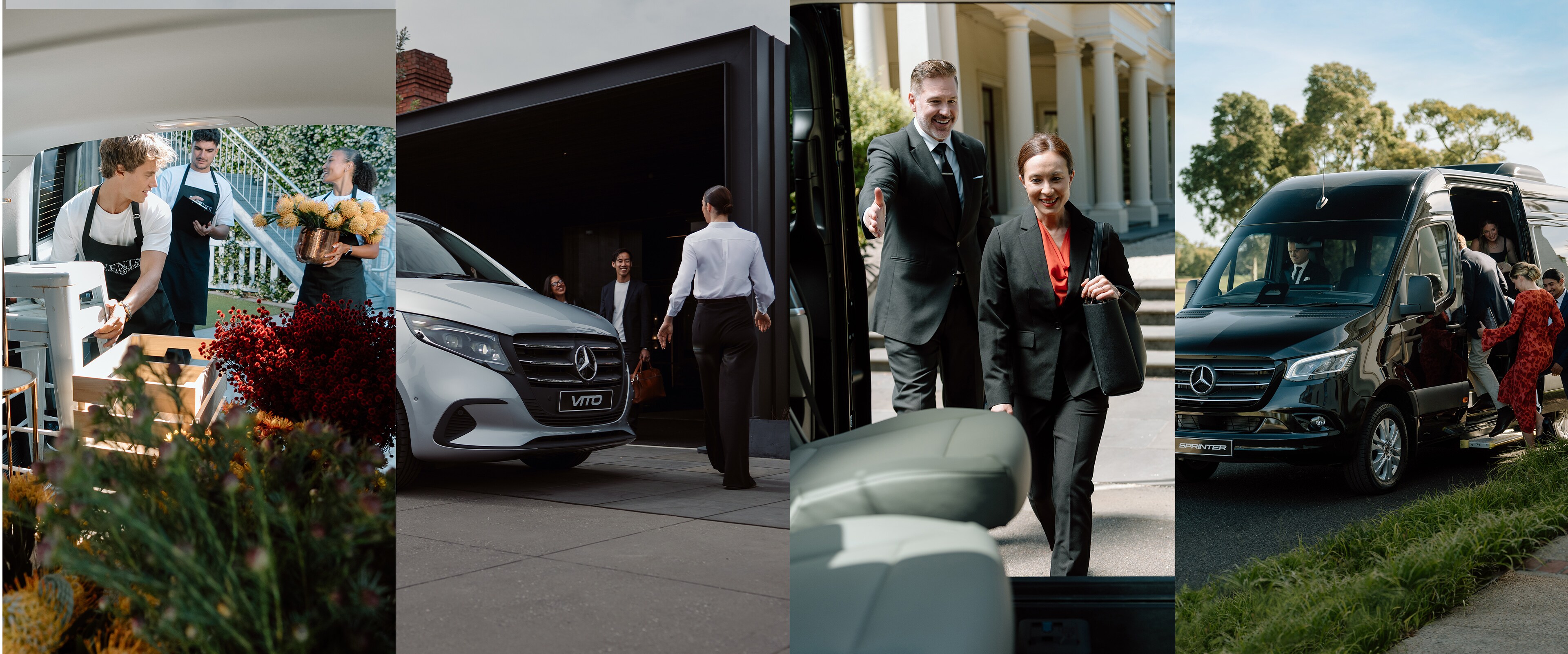 A collage of four different images of people using the Mercedes‑Benz van