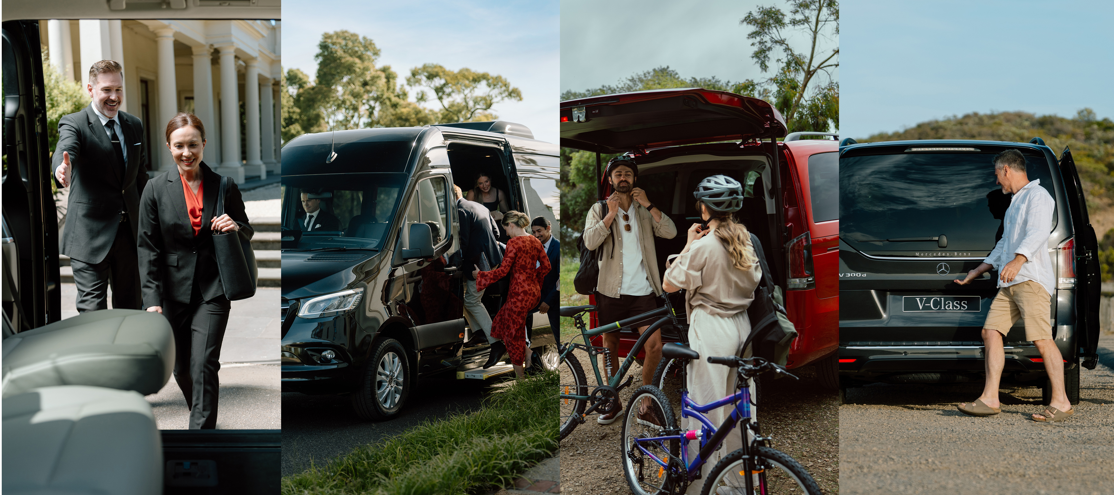 People mover range for private A collage of four different images of people using the Mercedes‑Benz van