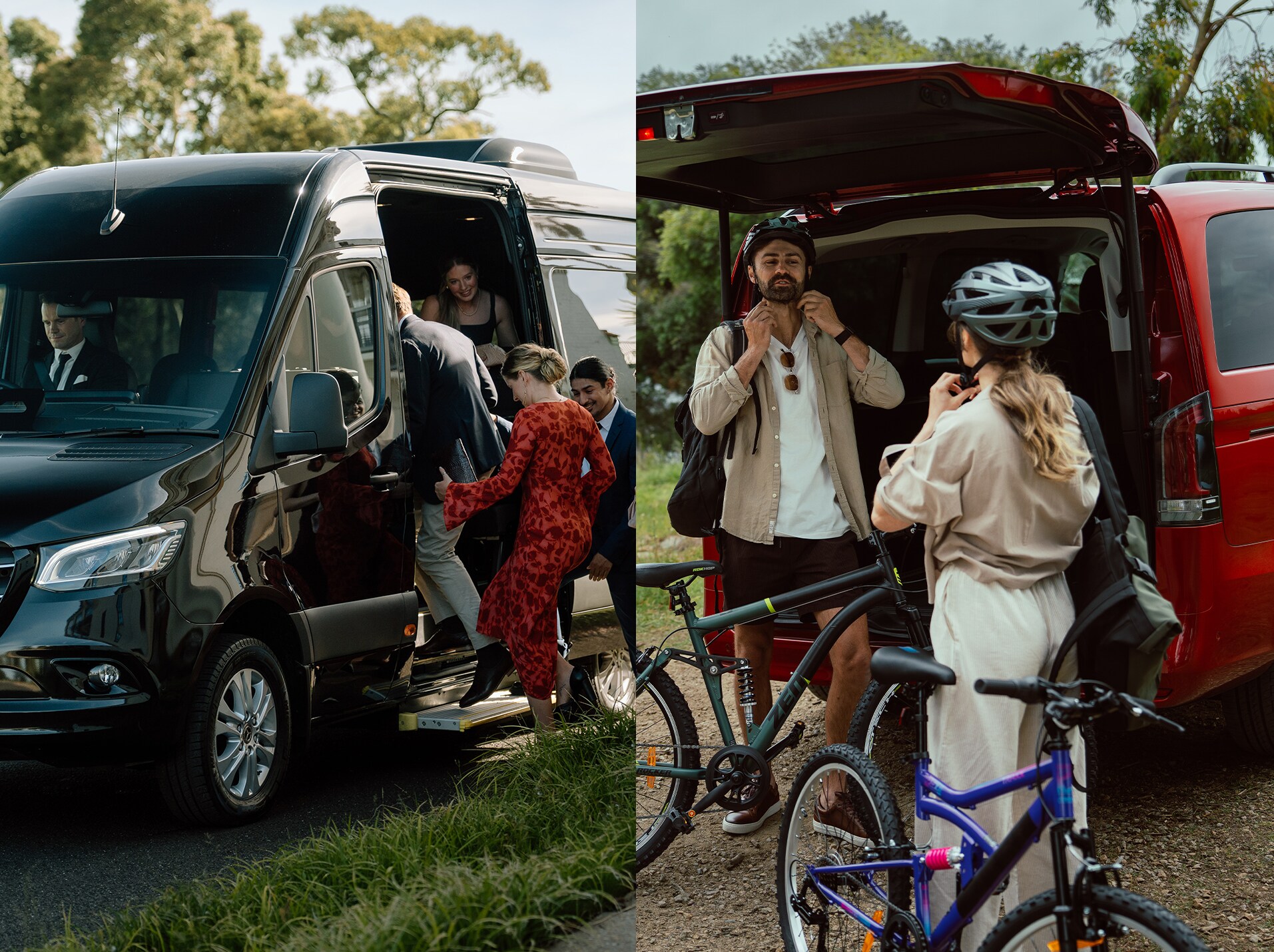 A collage of 2 different images of people using the Mercedes‑Benz van