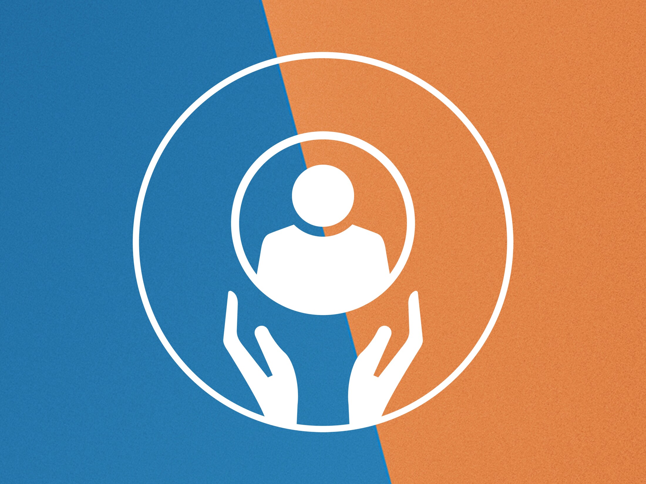 Icon with two hands supporting a human silhouette against an orange and blue background