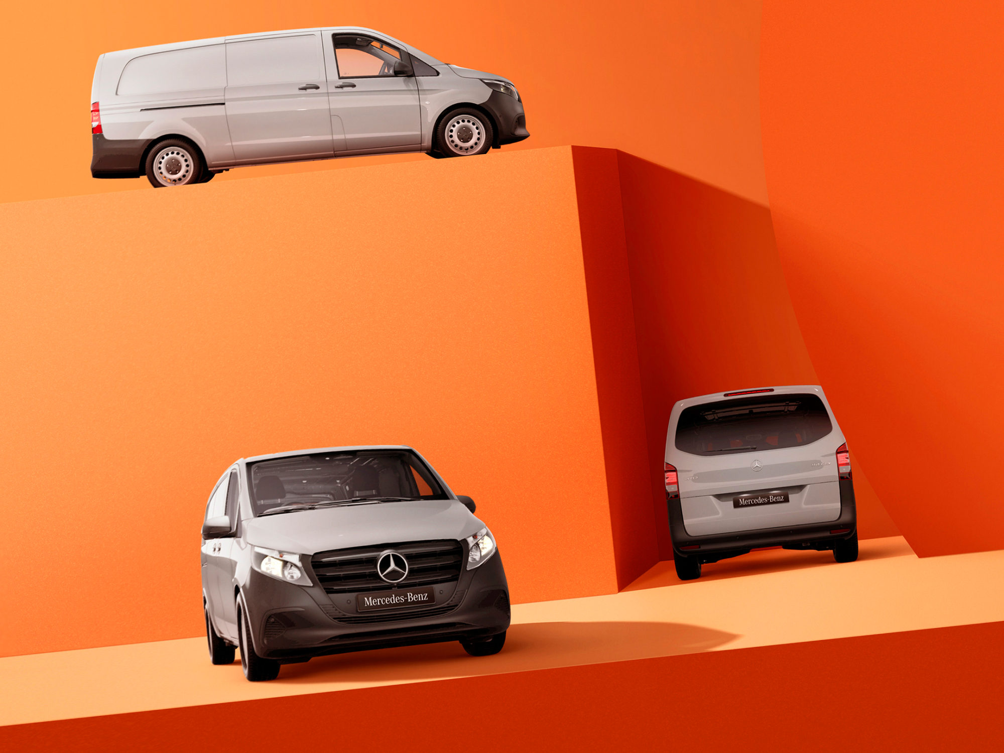 Various Mercedes-Benz Vito 114s against orange backdrop Various Mercedes-Benz Vito 114s against orange backdrop