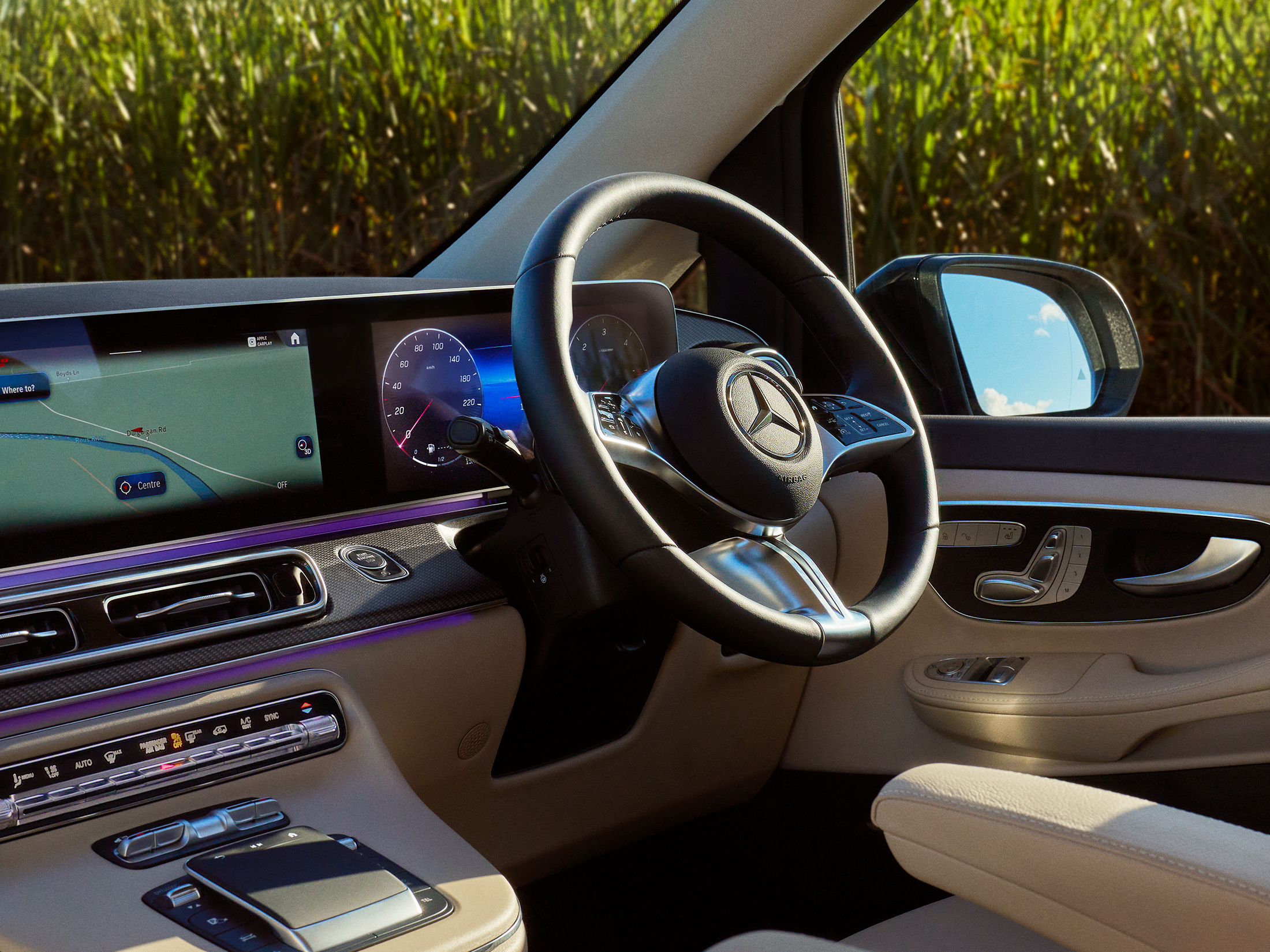 Interior of Mercedes-Benz V-Class, against a rural backdrop