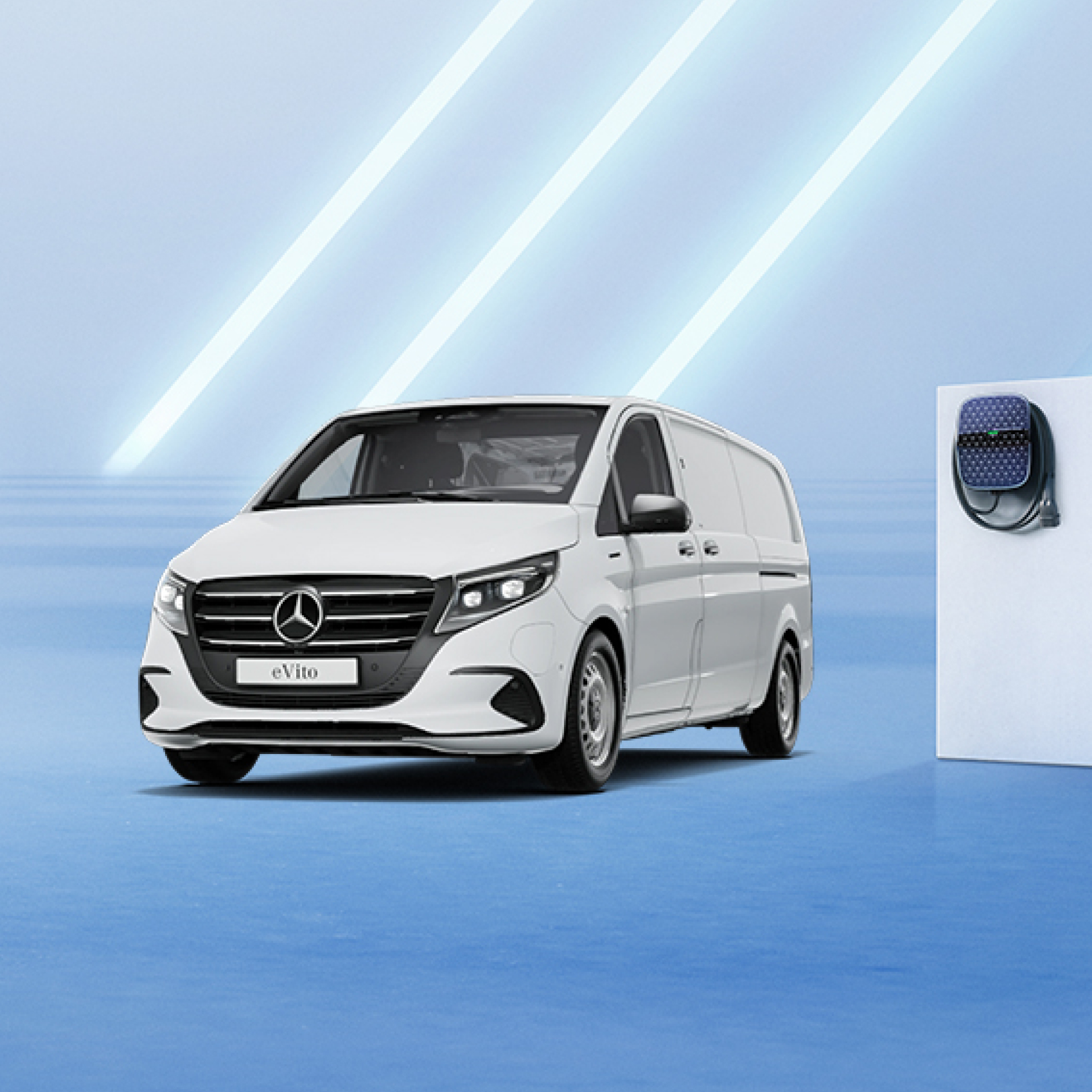 Model overview | eVito Panel Van | Mercedes-Benz The Mercedes-Benz eVito Panel Van at a charging station.