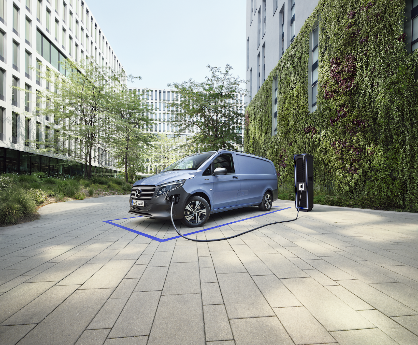 Sustainability | eVito Panel Van | Mercedes-Benz The Mercedes-Benz eVito Panel Van charging at a charging station.