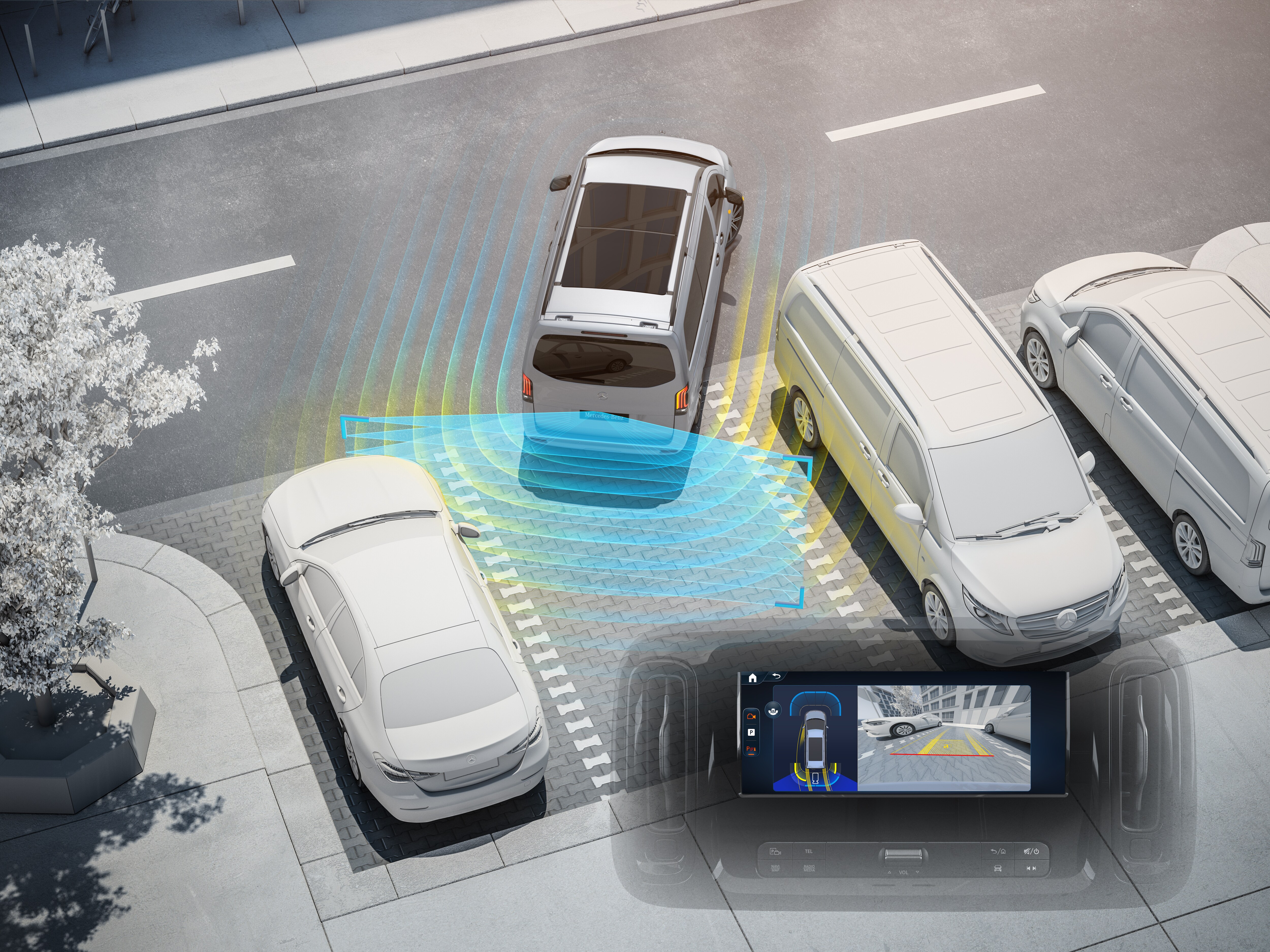 Parking package with reversing camera relieves your strain when parking and manoeuvring.