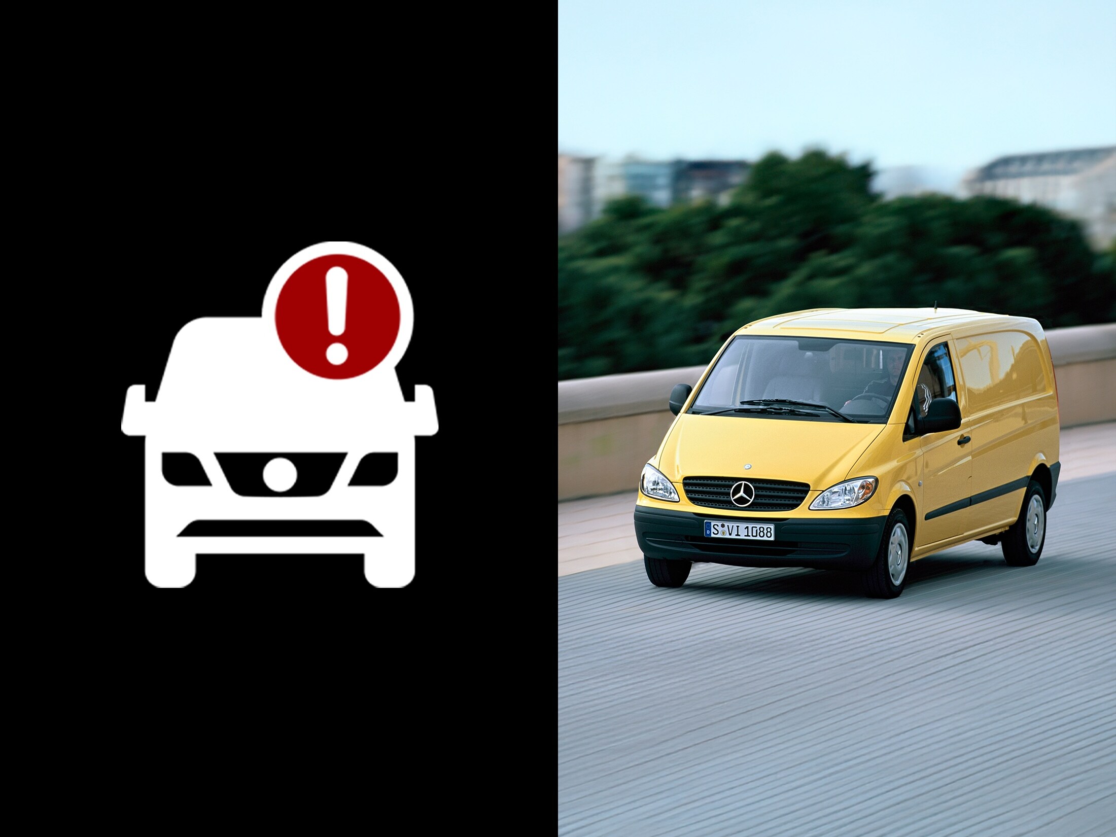An image split into two section with a red exclamation mark on the van icon and a yellow van side by side