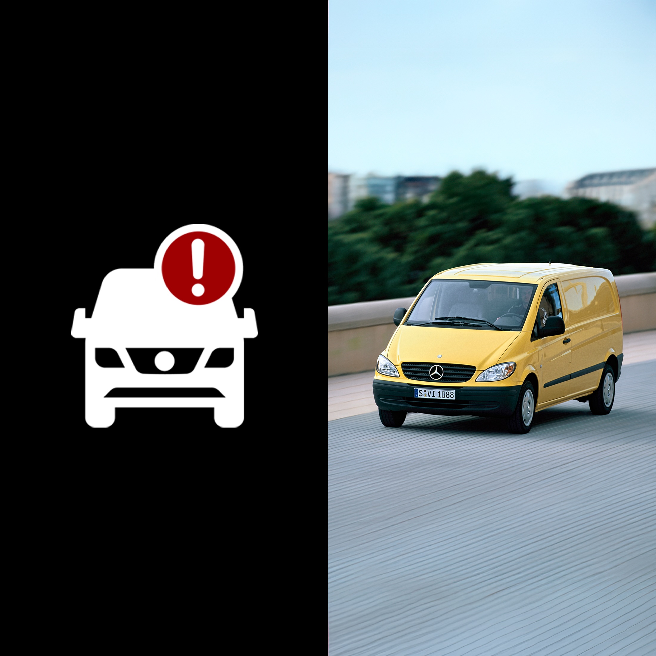 Safety Recall: Vito/Viano An image split into two section with a red exclamation mark on the van icon and a yellow van side by side